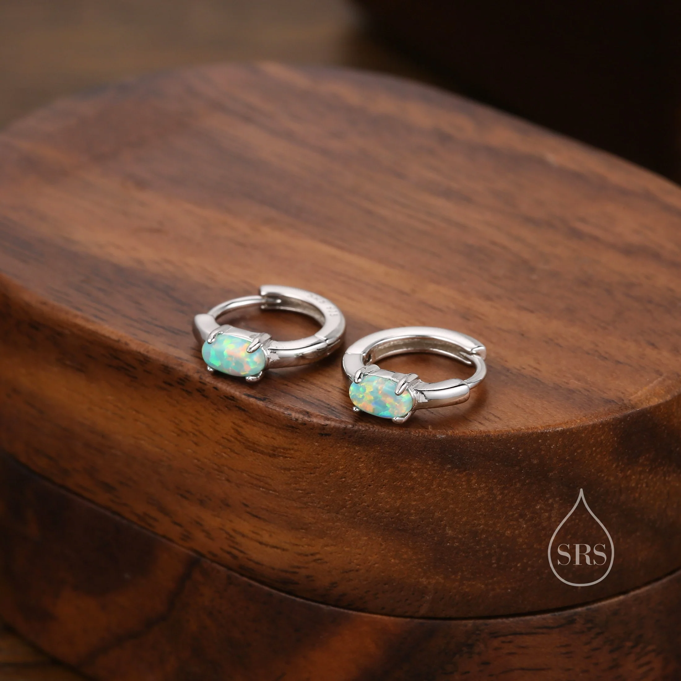 Oval Green Opal Huggie Hoop Earrings in Sterling Silver, Silver or Gold, Opal Lever Hoops, Opal Hoops, Simulated Opal Hoops - Image 3