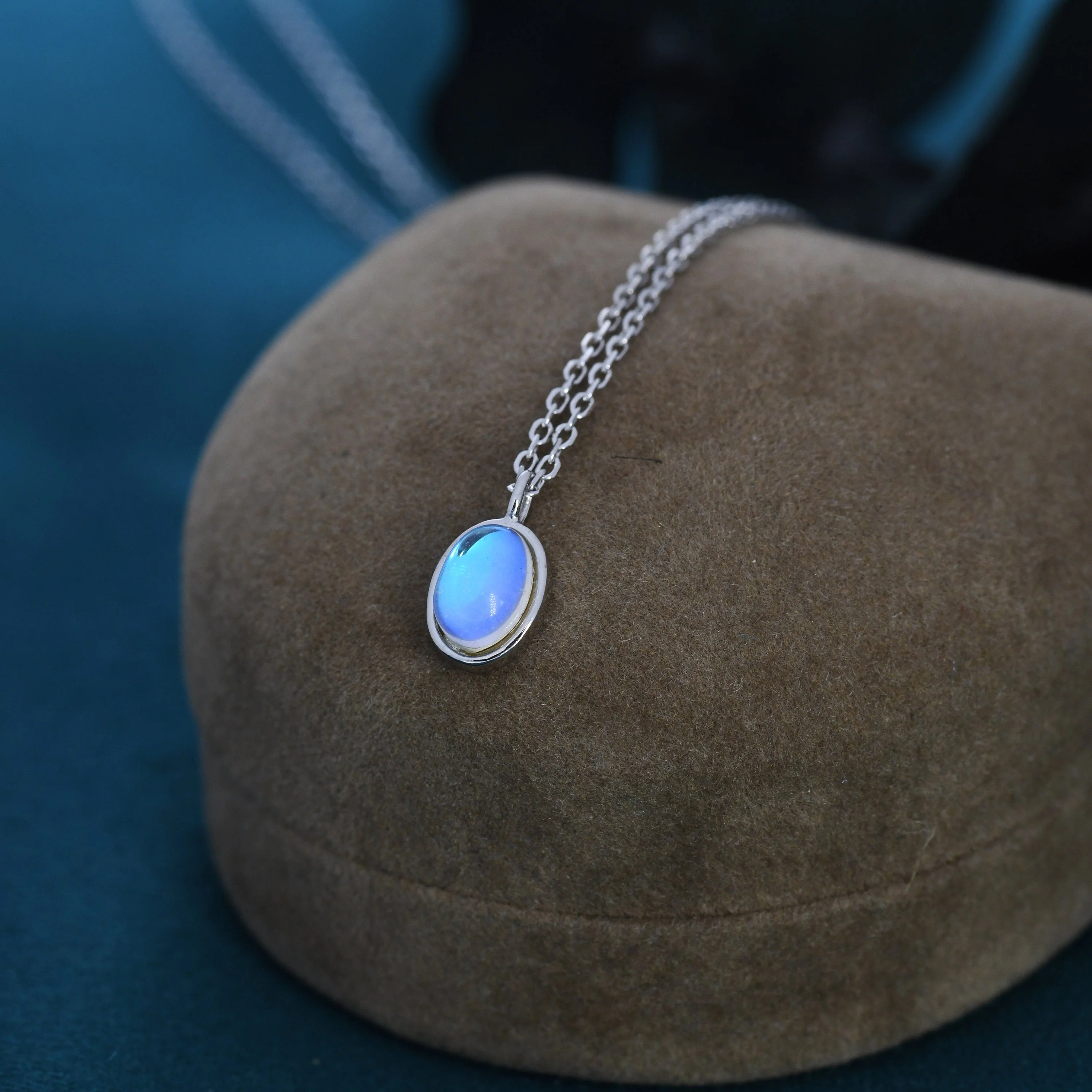 Oval Moonstone Pendant Necklace in Sterling Silver, Moonstone Necklace, Oval Shape Moonstone Necklace, Aurora Crystal, AB Crystal