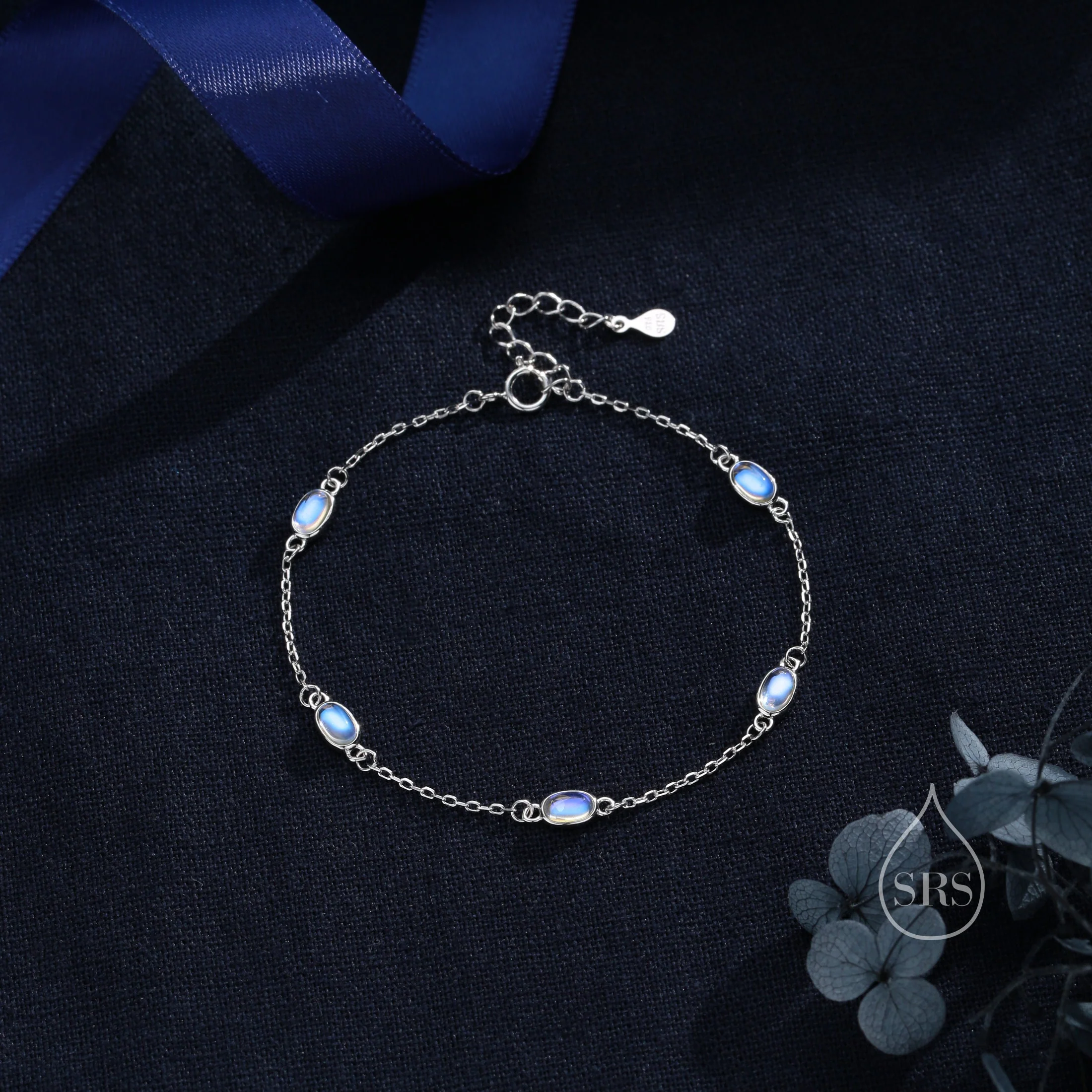 Oval Moonstone Satellite Bracelet in Sterling Silver, Silver or Gold, Simulated Moonstone Bracelet, Oval Moonstone Motif Bracelet - Image 3