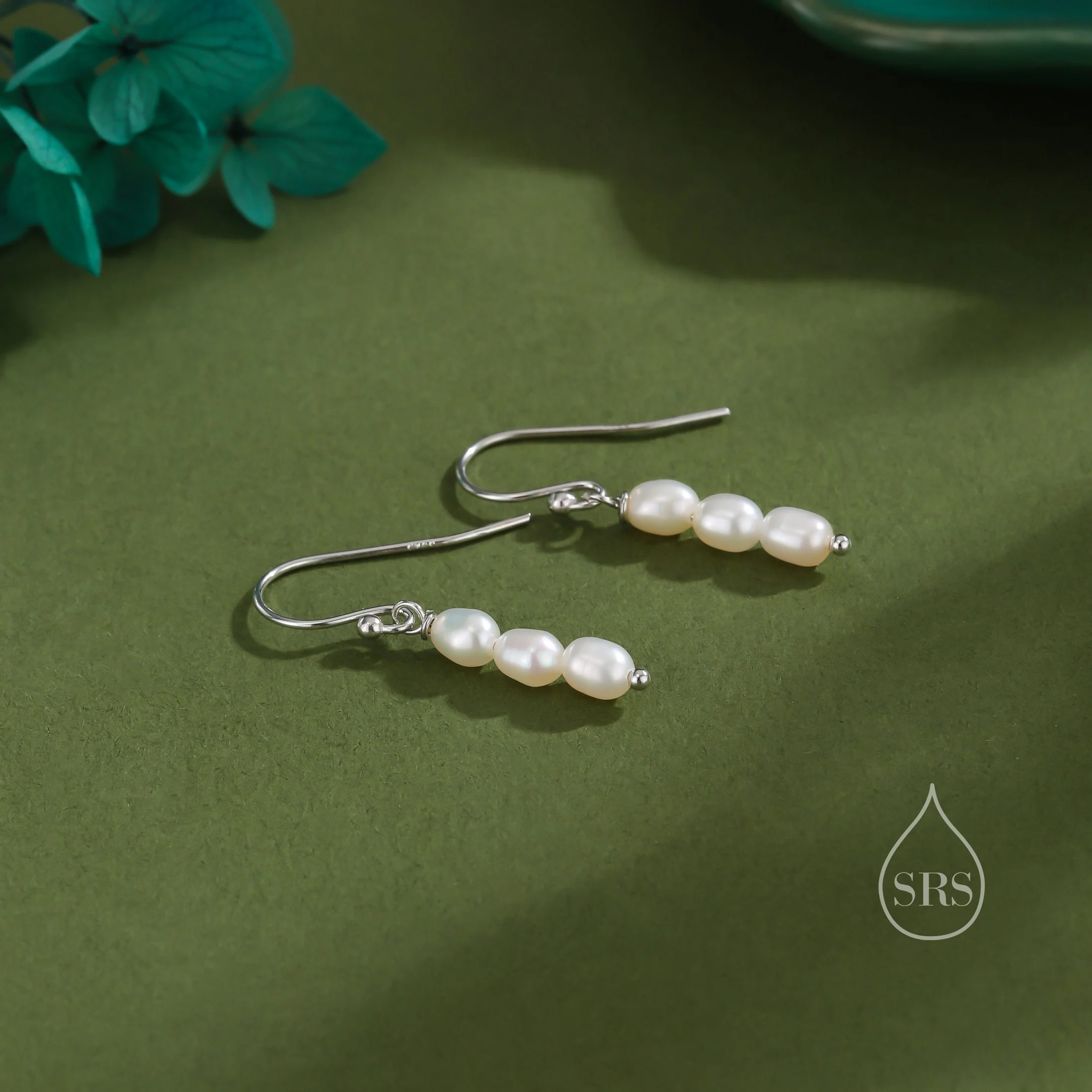 Oval Pearl Trio Drop Hook Earrings in Sterling Silver, Silver or Gold, Irregular Shape Pearl Drop Earrings, Natural Freshwater Pearls - Image 2