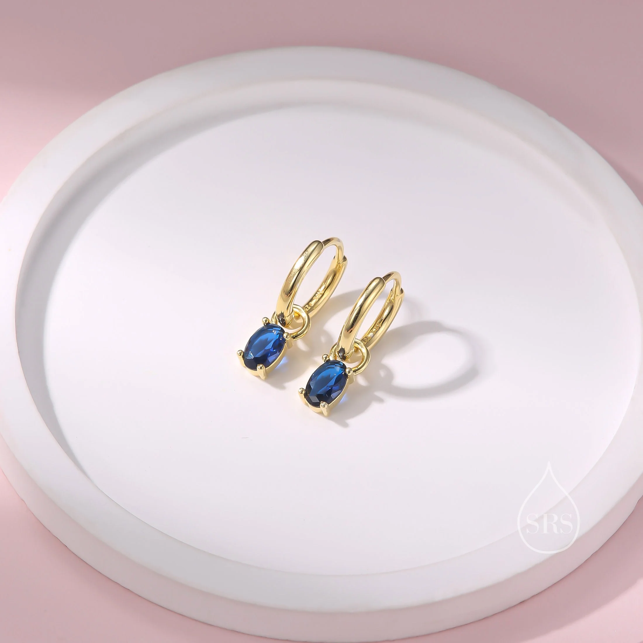 Oval Sapphire Blue CZ Huggie Hoop in Sterling Silver, Silver or Gold, Minimalist Simple Hoop Earrings, Detachable and Interchangeable - Image 3