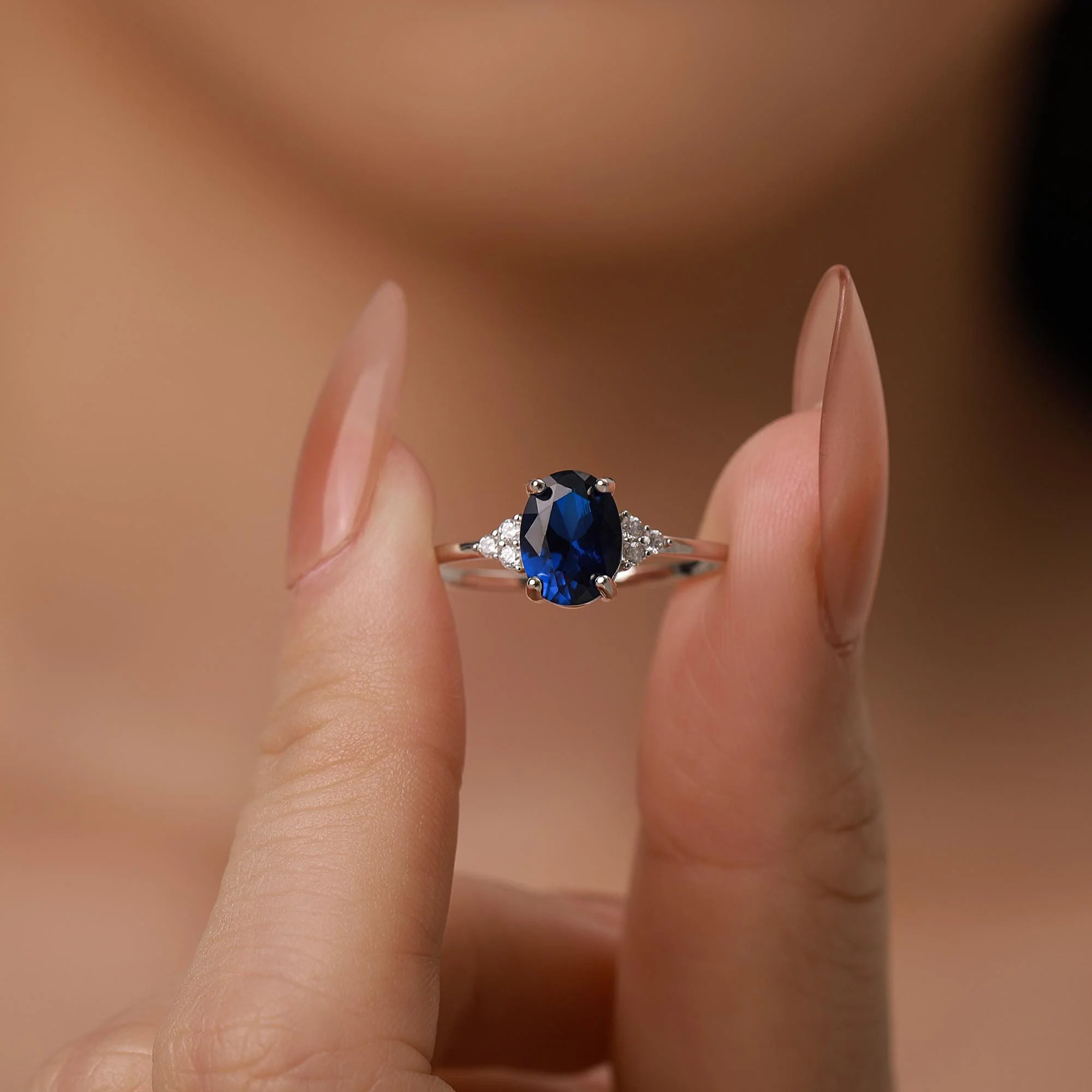 Oval Sapphire CZ Ring in Sterling Silver, Simulated Sapphire Ring, Vintage Inspired Design, US 5 - 8 - Image 3