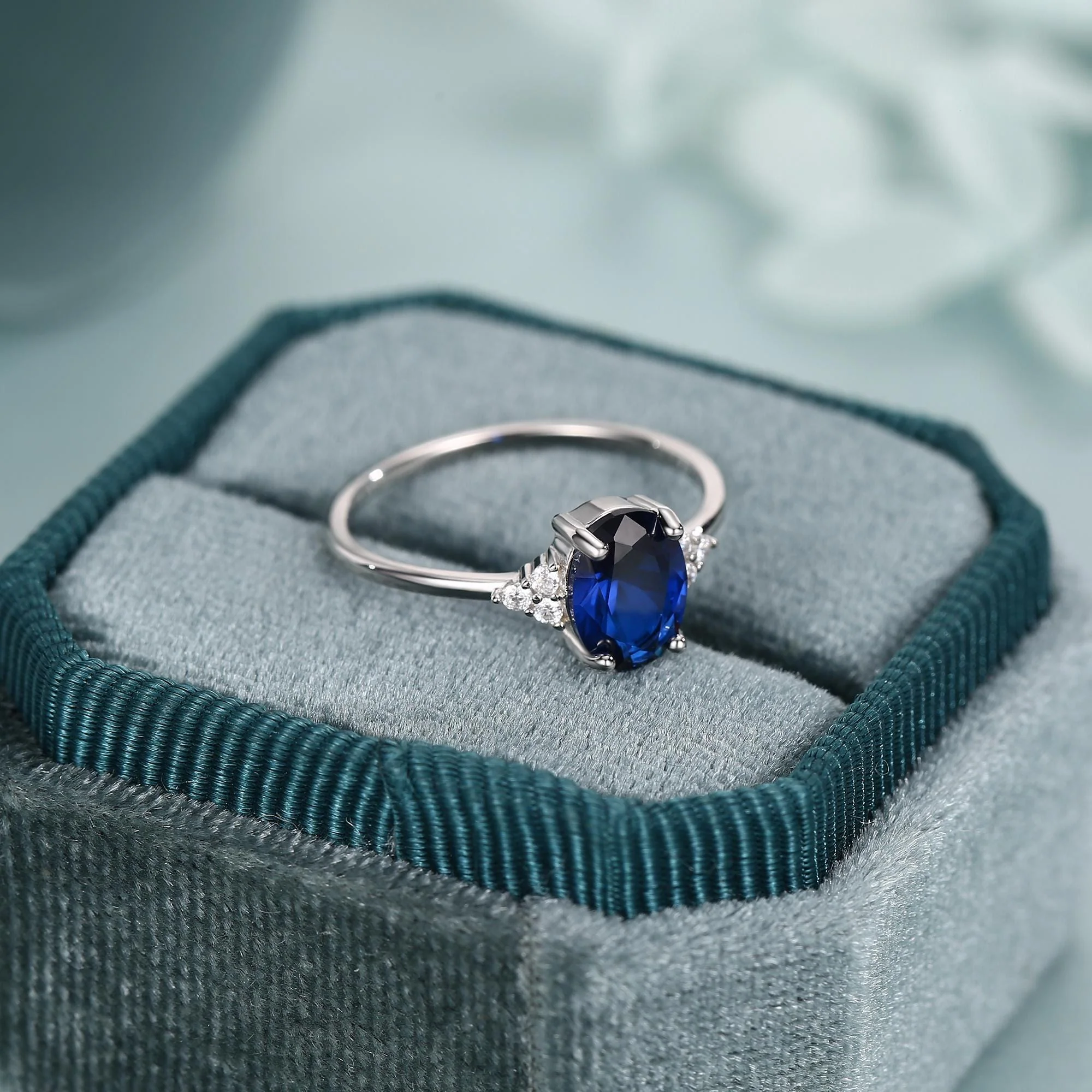 Oval Sapphire CZ Ring in Sterling Silver, Simulated Sapphire Ring, Vintage Inspired Design, US 5 - 8 - Image 7