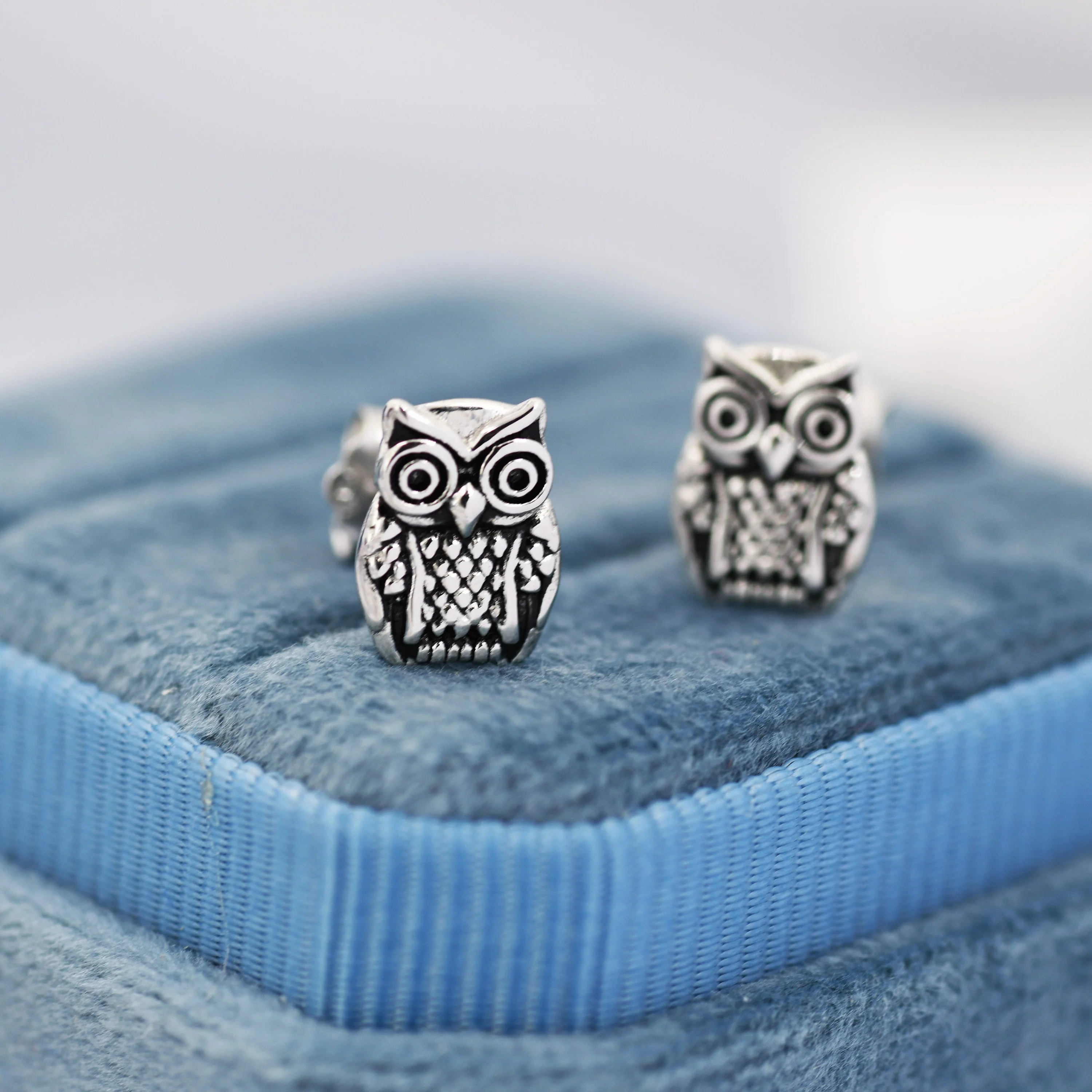 Owl Stud Earrings in Sterling Silver, Oxidised Silver Finish, Silver Animal Earrings, Nature Inspired Jewellery - Image 3
