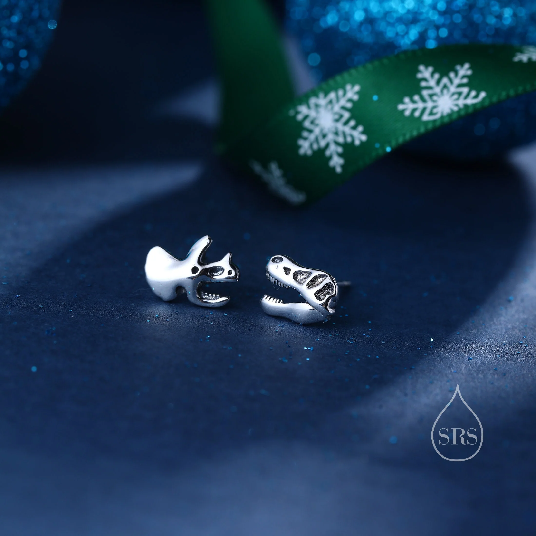 Oxidised Finish Dinosaur Fossil Stud Earrings in Sterling Silver, T Rex or Triceratops Skull, Quirky Dino Stud, Asymmetric Dinosaur Earrings - Image 3