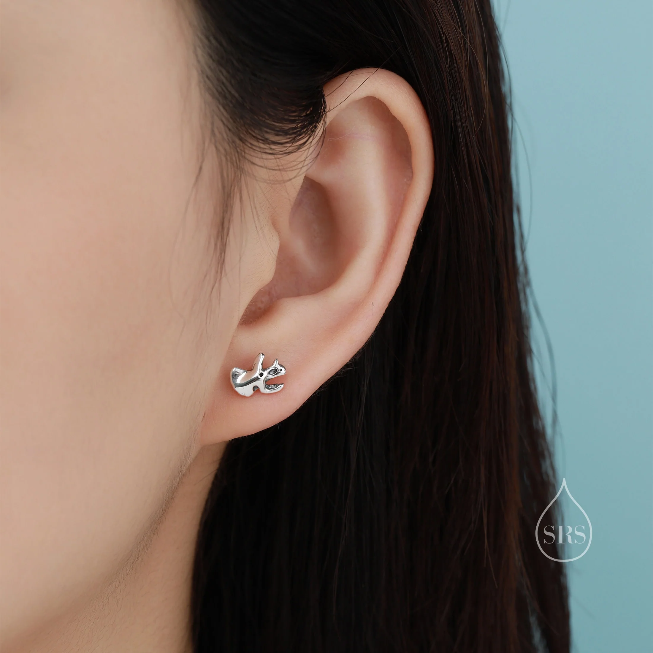 Oxidised Finish Dinosaur Fossil Stud Earrings in Sterling Silver, T Rex or Triceratops Skull, Quirky Dino Stud, Asymmetric Dinosaur Earrings - Image 6