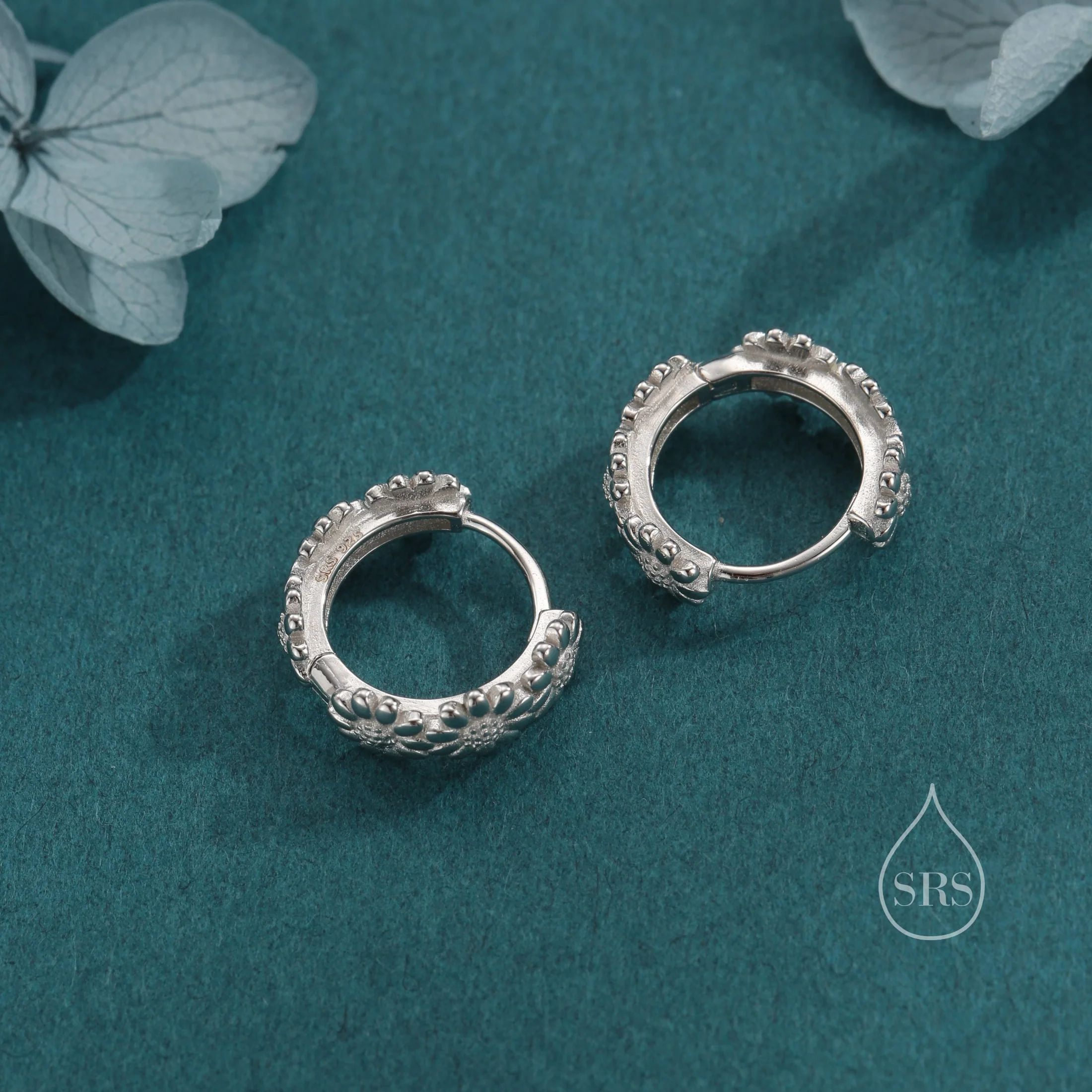 Oxidised Silver Daisy Flower Chain Huggie Hoop in Sterling Silver - Image 5