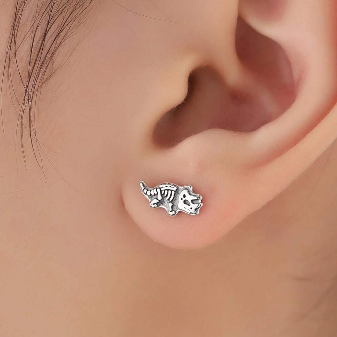 Oxidised Sterling Silver Dinosaur Fossil Stud Earrings, Oxidised Silver Finish Dino Stud, Quirky Dino Stud, Asymmetric Dinosaur Earrings, - Image 7