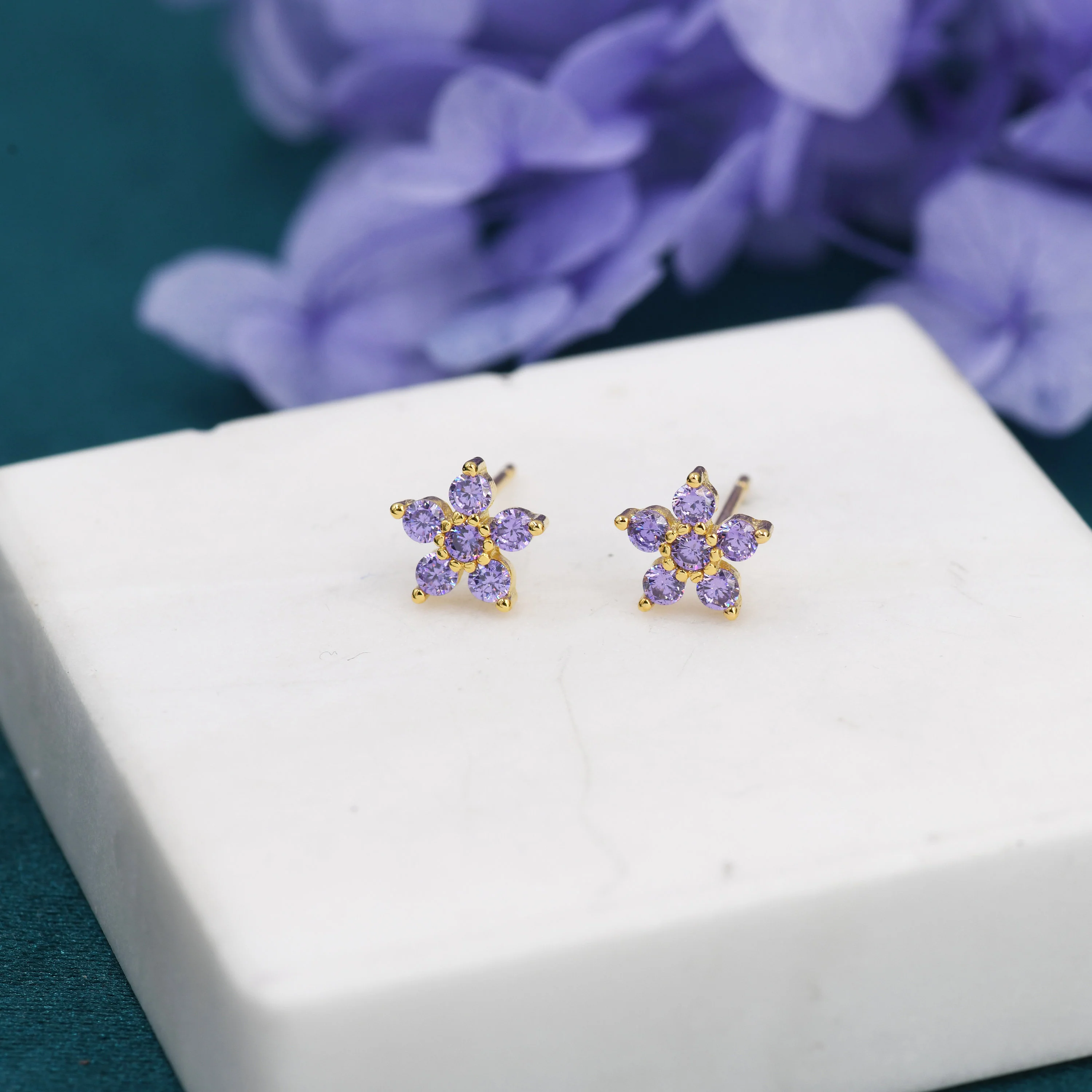 Pair Amethyst Purple CZ Flower Stud Earrings in Sterling Silver, Silver or Gold, Crystal Flower Earrings, Stacking Earrings - Image 4