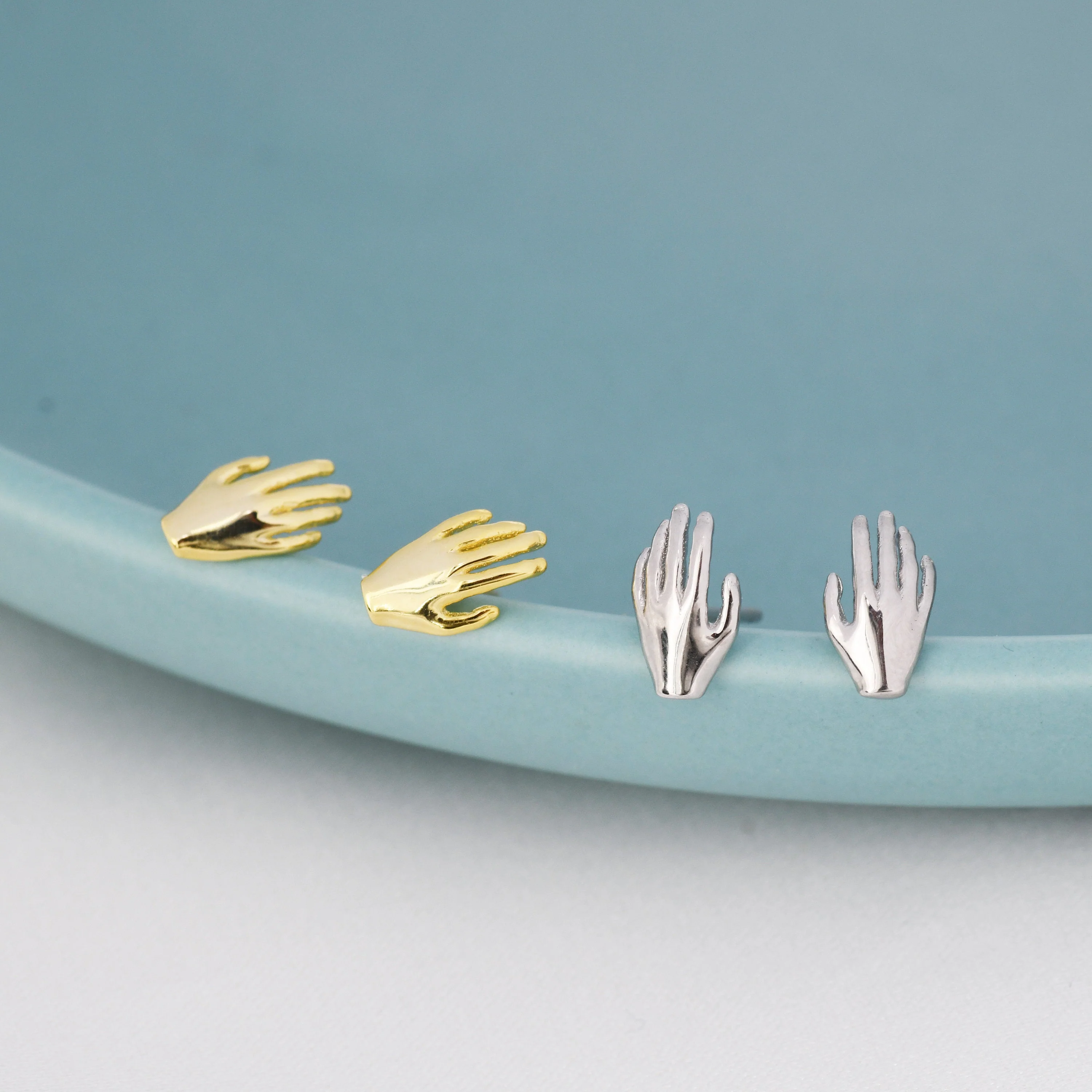 Pair of Hand Stud Earrings in Sterling Silver, Silver or Gold, Fingers Earrings, Fun and Quirky Design - Image 5