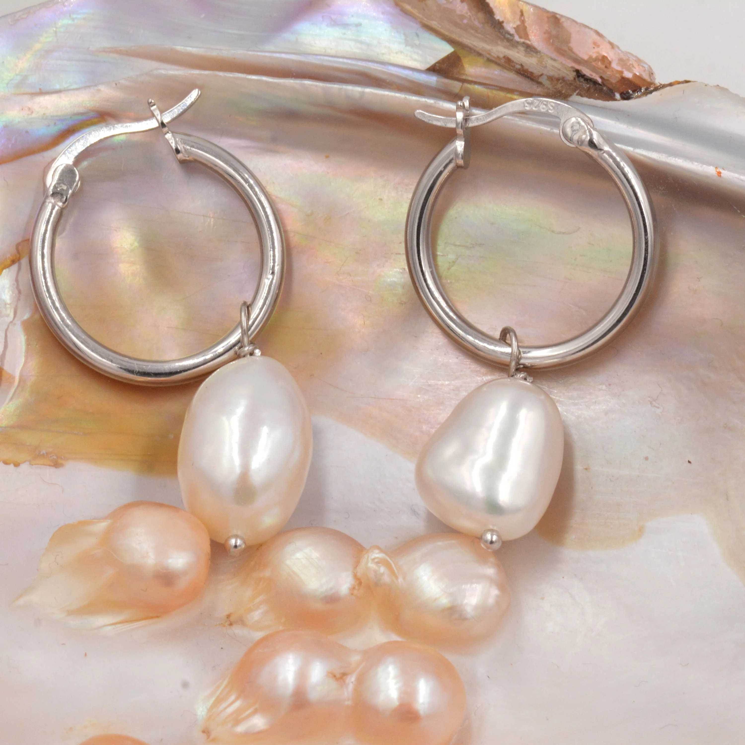 Pair of Plain Huggie Hoop Earrings in Sterling Silver with Detachable Baroque Pearl Charms,  Two Sizes Available, Simple Hoop Earrings - Image 8