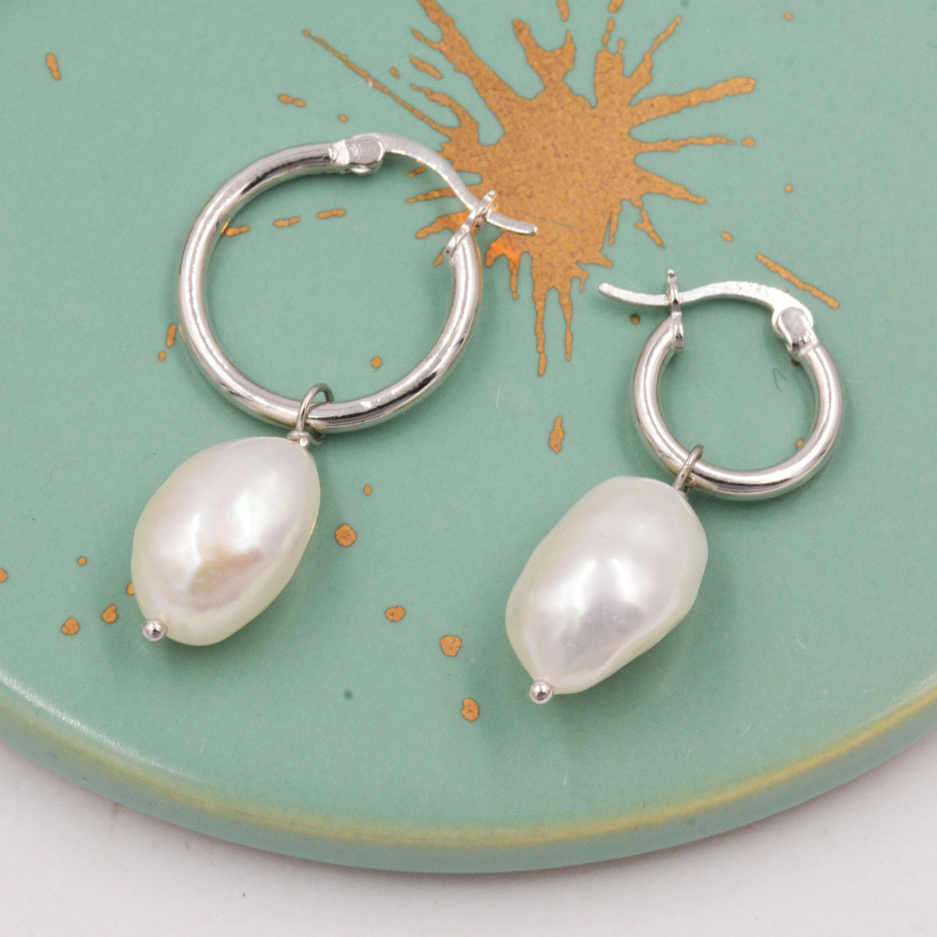 Pair of Plain Huggie Hoop Earrings in Sterling Silver with Detachable Baroque Pearl Charms,  Two Sizes Available, Simple Hoop Earrings - Image 9