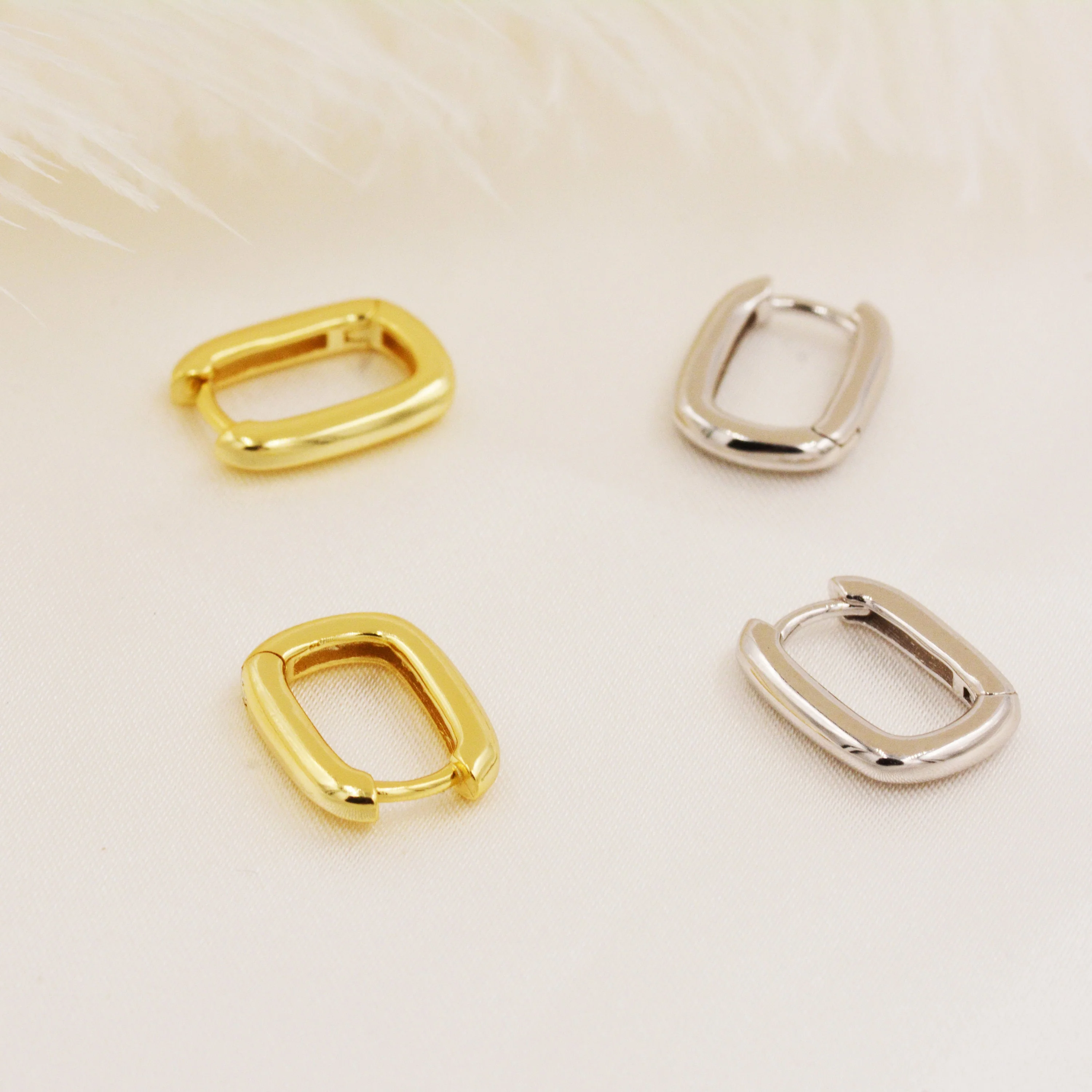 Pair of Small Rectangular Hoop Earrings in Sterling Silver, Oval Hoop Earrings, Chunky Hoop Earrings, Silver or Gold, Square Hoop Earrings - Image 3