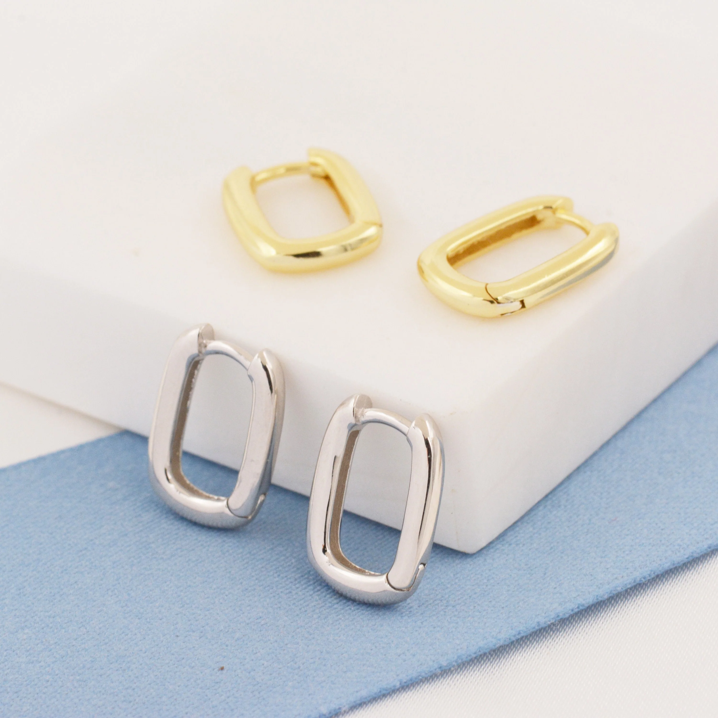 Pair of Small Rectangular Hoop Earrings in Sterling Silver, Oval Hoop Earrings, Chunky Hoop Earrings, Silver or Gold, Square Hoop Earrings - Image 8