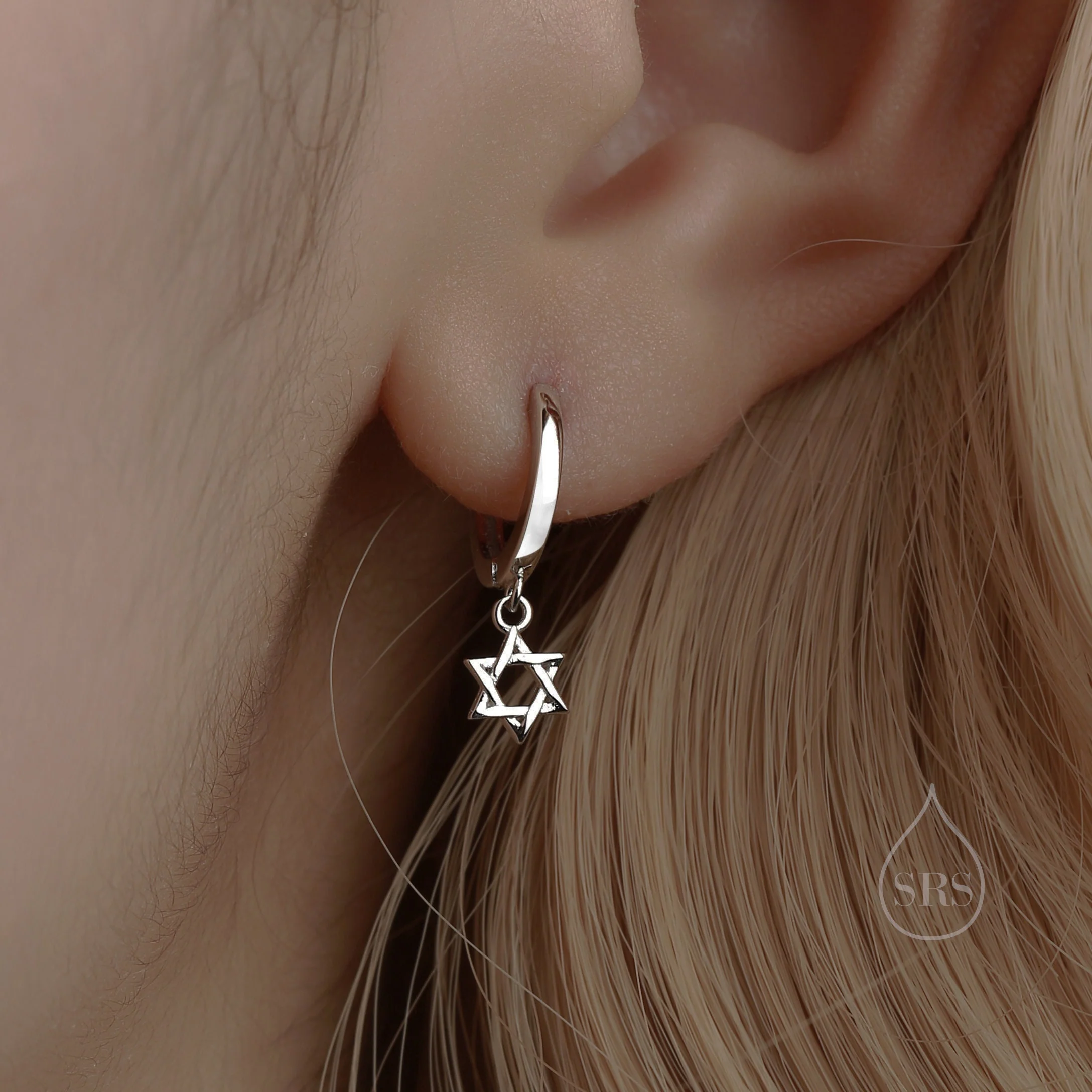 Pair of Star of David Huggie Hoop Earrings in Sterling Silver, Silver, Gold or Rose Gold, Tiny Star Hoops - Image 2