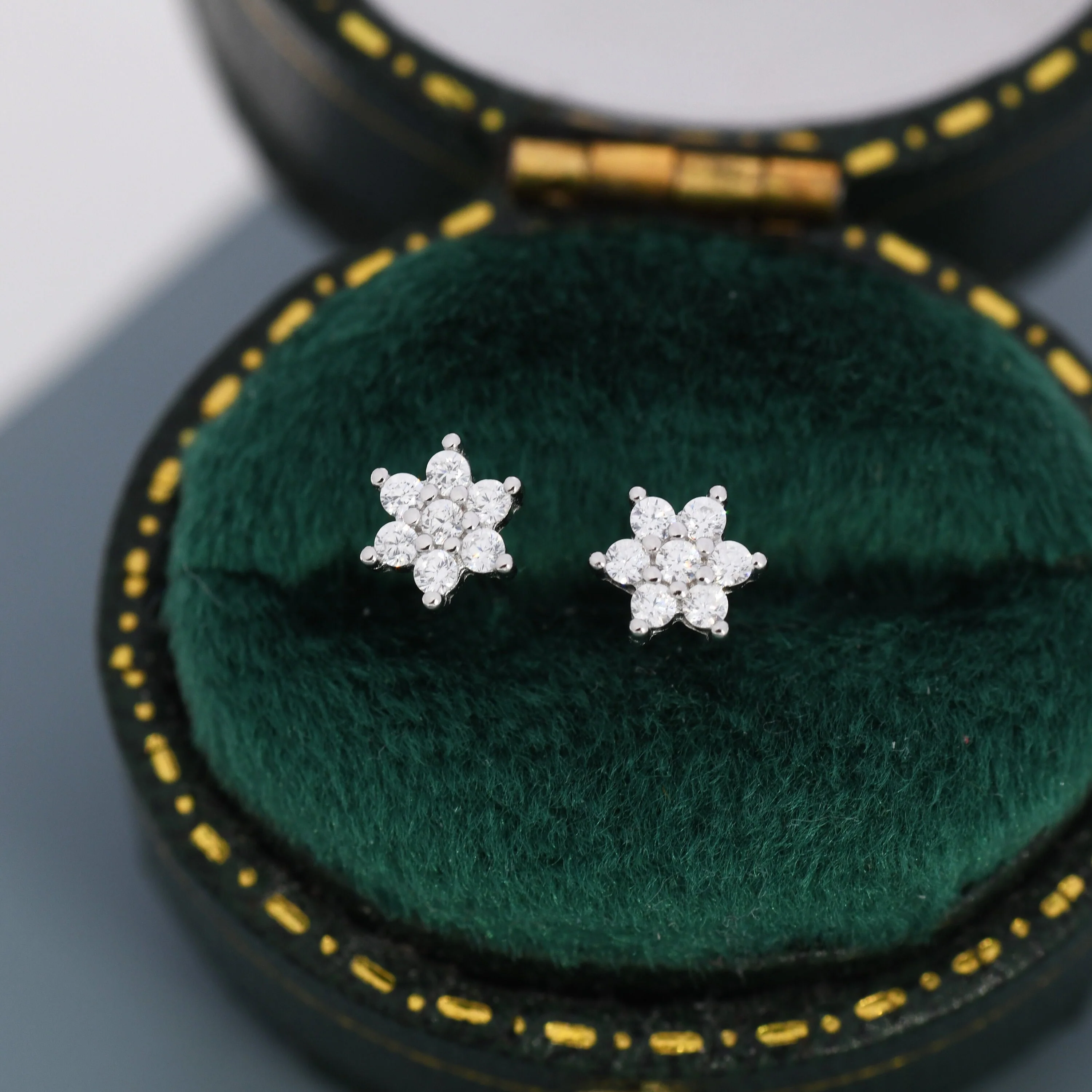 Pair of Very Tiny CZ Flower Stud Earrings in Sterling Silver, Silver or Gold, Crystal Flower Earrings, Stacking Earrings, Snowflake - Image 6