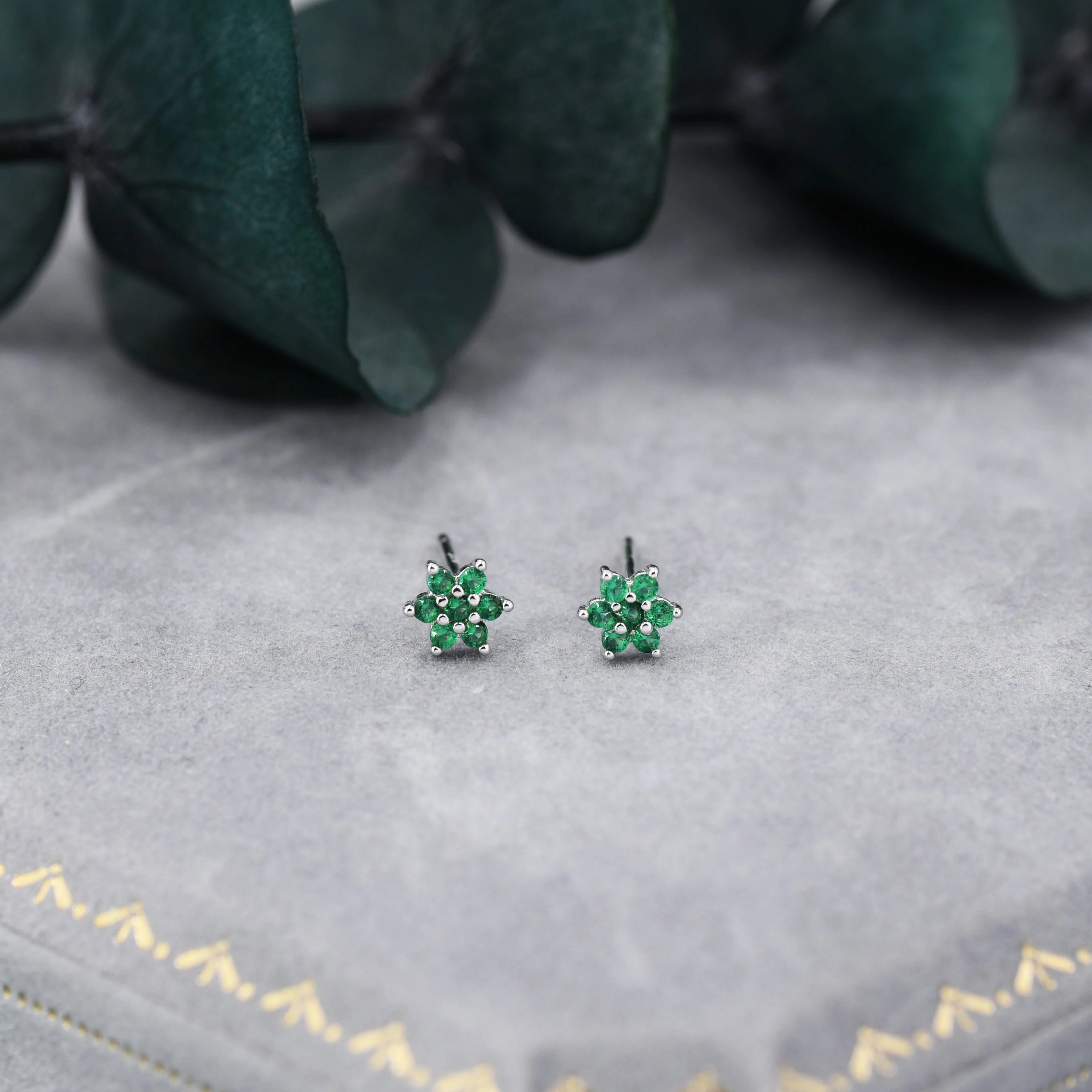 Pair of Very Tiny Emerald Green CZ Flower Stud Earrings in Sterling Silver, Silver or Gold, Crystal Flower Earrings, Stacking Earrings - Image 4