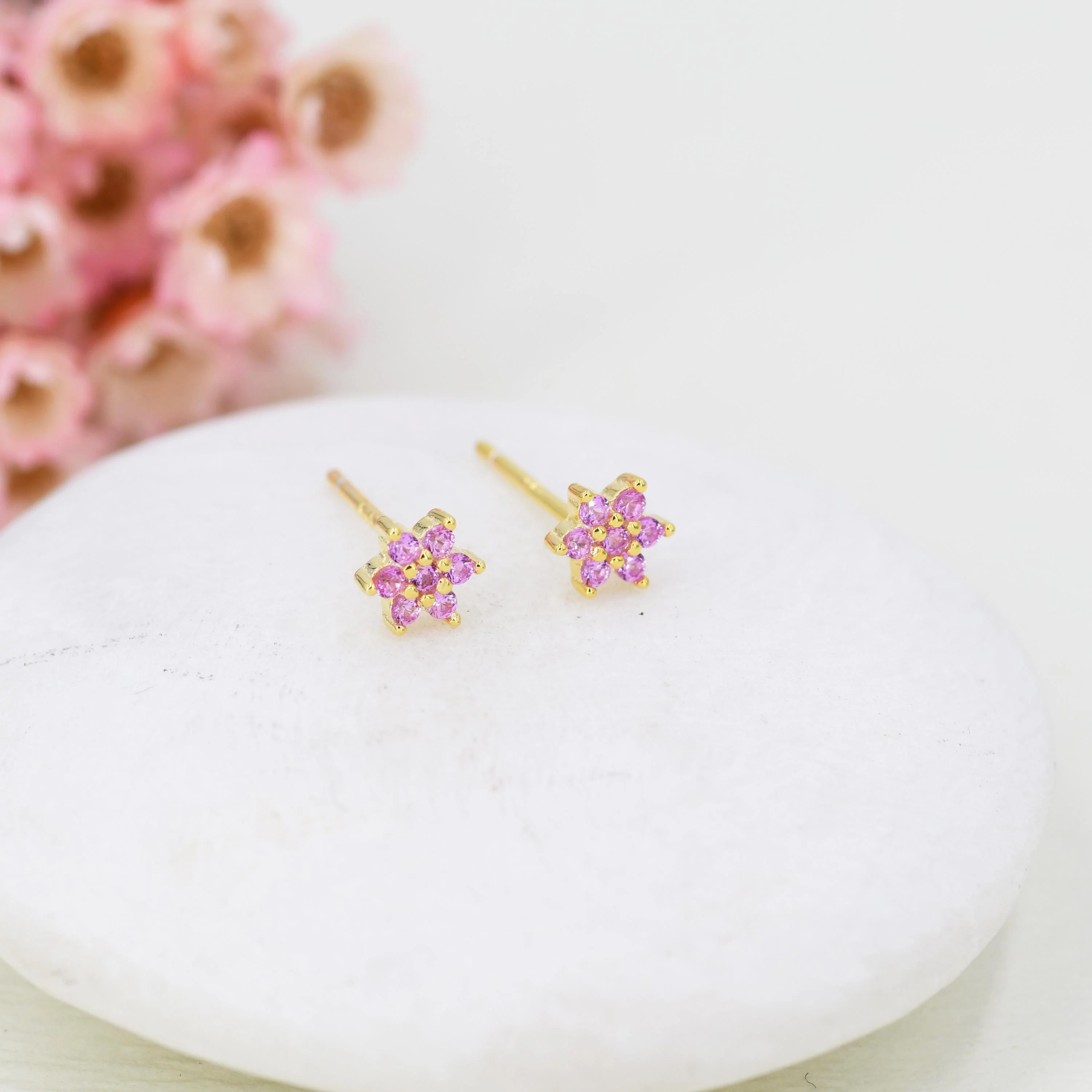 Pair of Very Tiny Pink CZ Flower Stud Earrings in Sterling Silver, Silver or Gold, Crystal Flower Earrings, Stacking Earrings, Snowflake - Image 6
