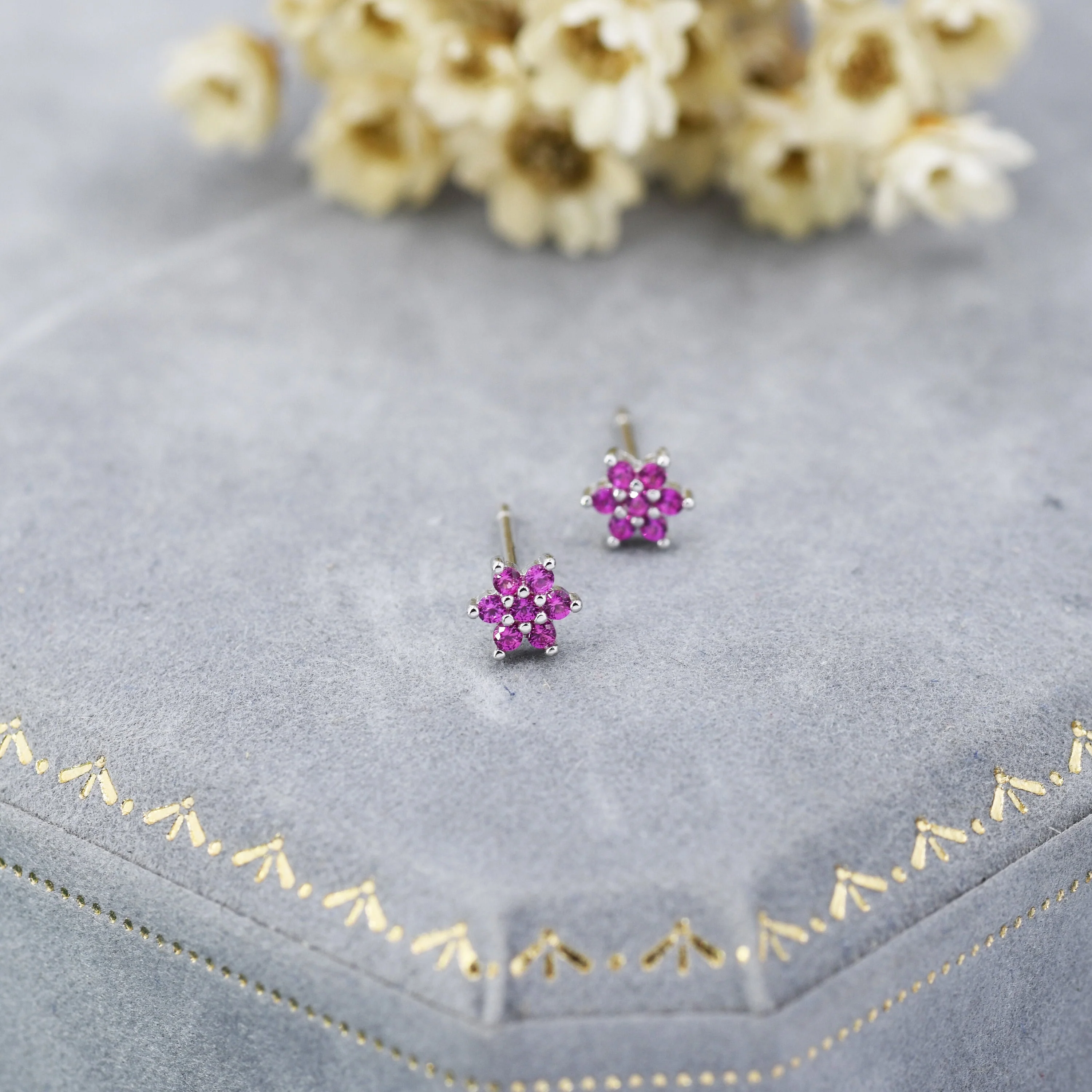 Pair of Very Tiny Ruby Pink CZ Flower Stud Earrings in Sterling Silver, Silver or Gold, Crystal Flower Earrings, Stacking Earrings, Ruby Red - Image 8