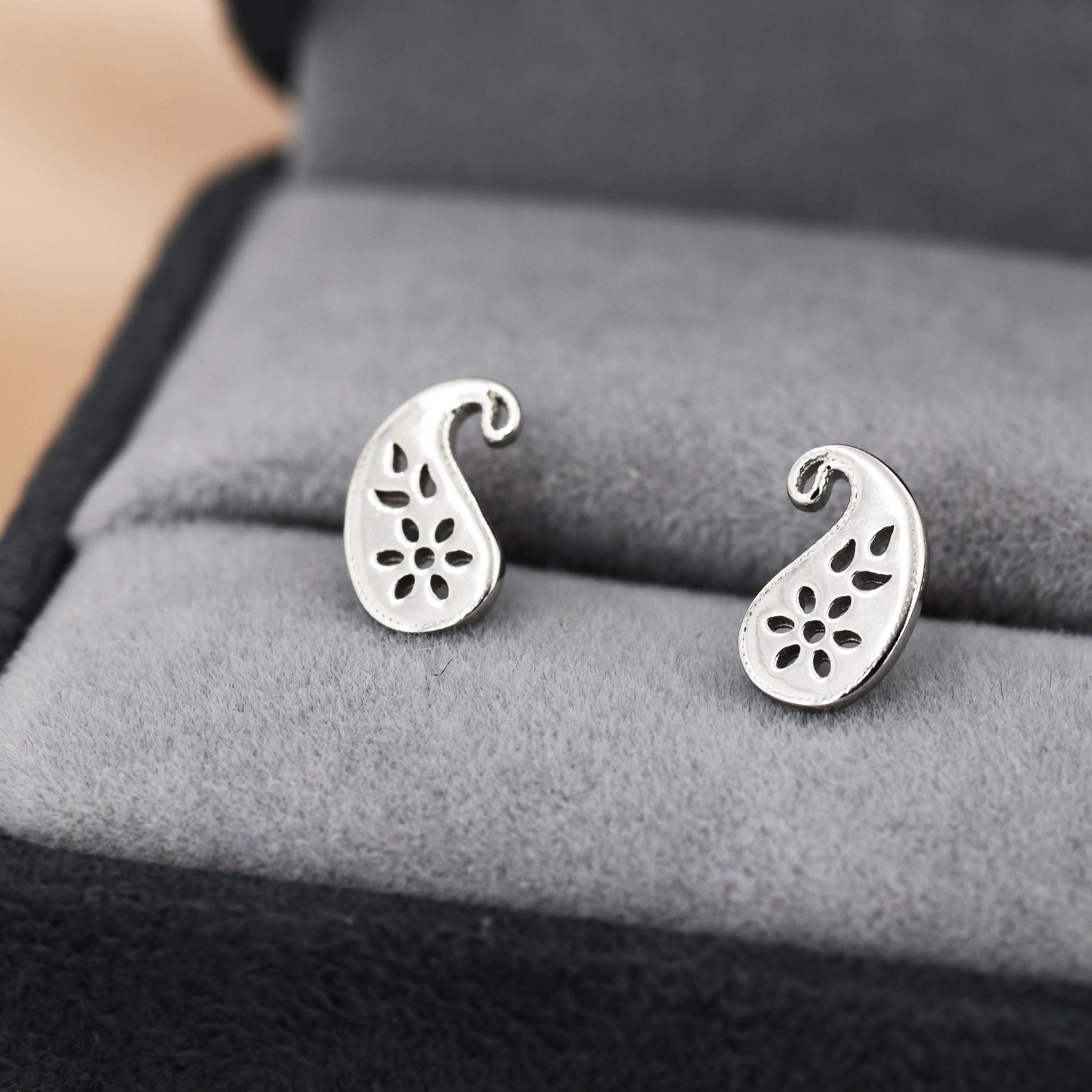 Paisley Pattern Stud Earrings in Sterling Silver, Silver or Gold, Small Stacking Earrings - Image 2