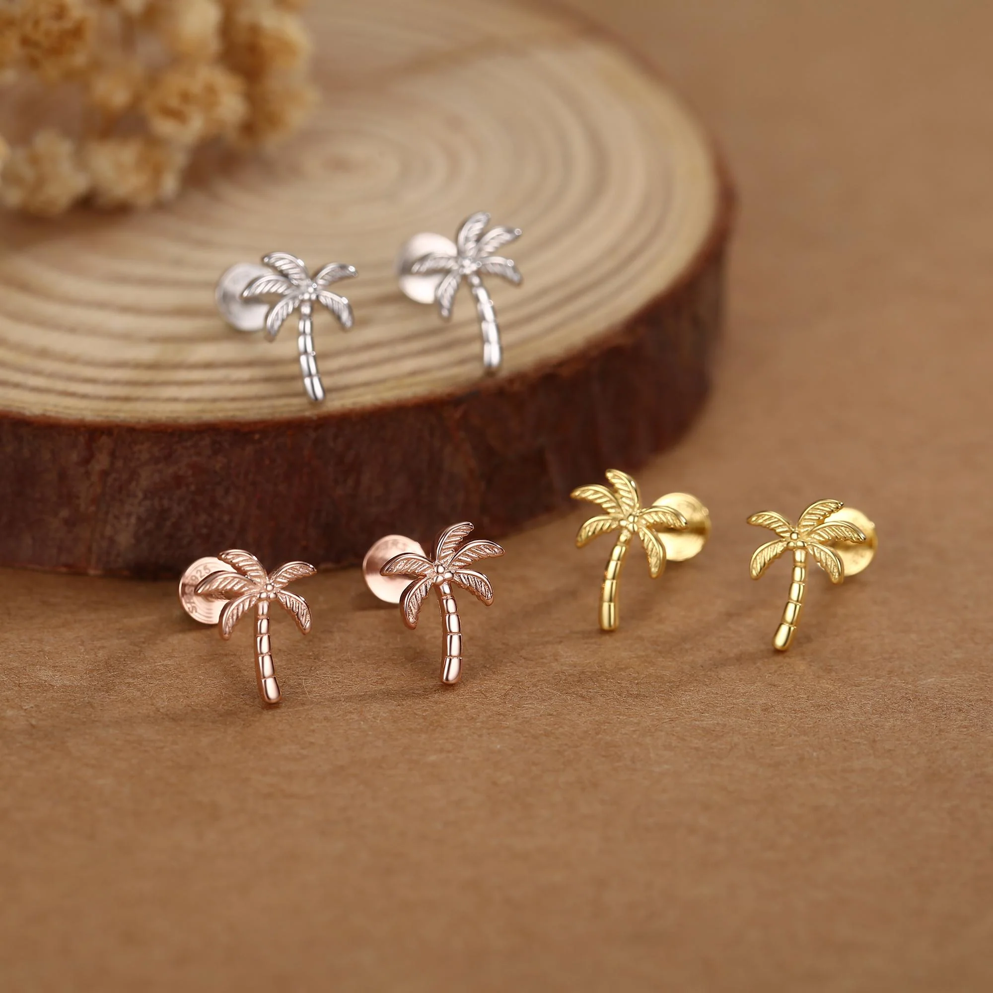 Palm Tree 16G Flat Back Earrings in Sterling Silver - Image 3