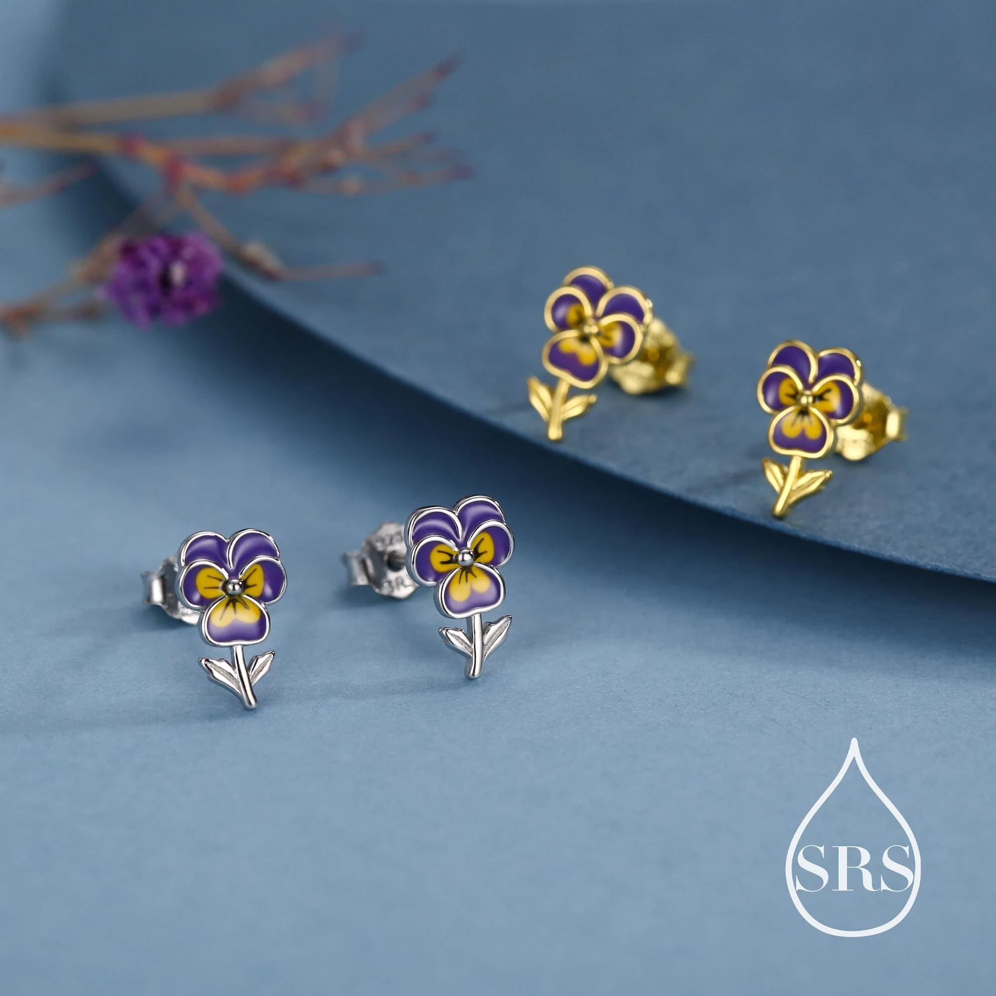 Pansy Enamel Stud Earrings in Sterling Silver, Colourful, Sweetly Detailed Flower Earrings, Nature-Inspired Jewellery - Image 7