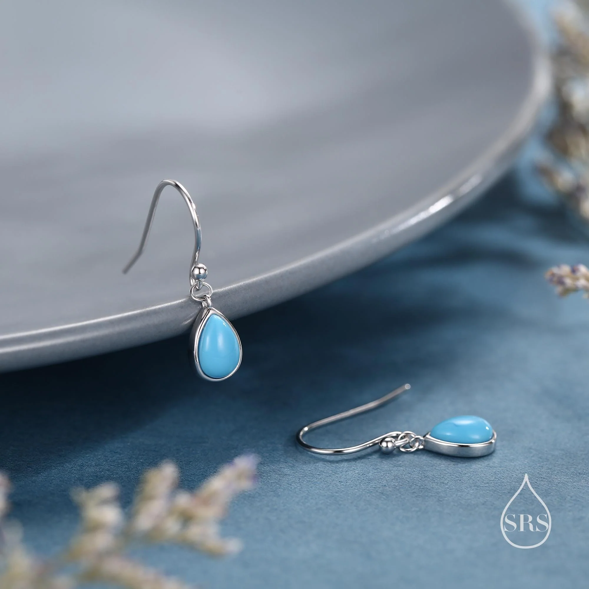 Pear Cut Blue Turquoise Stone Drop Hook Earrings in Sterling Silver, Natural Blue Turquoise Earrings, Pear Droplet Turquoise Earrings - Image 3