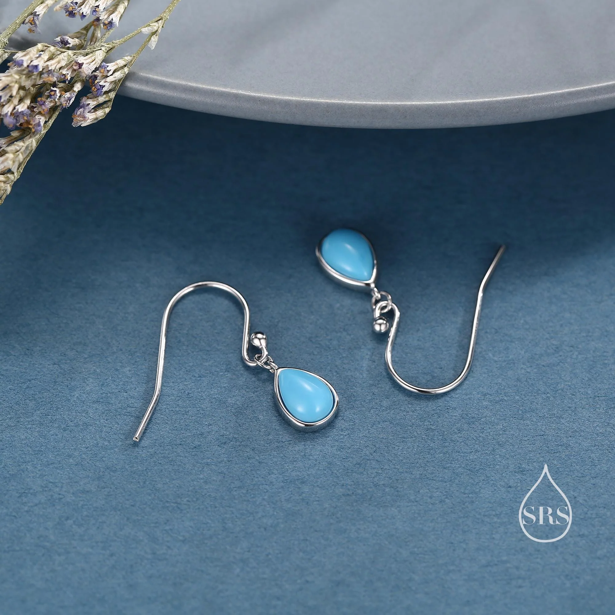 Pear Cut Blue Turquoise Stone Drop Hook Earrings in Sterling Silver, Natural Blue Turquoise Earrings, Pear Droplet Turquoise Earrings - Image 7