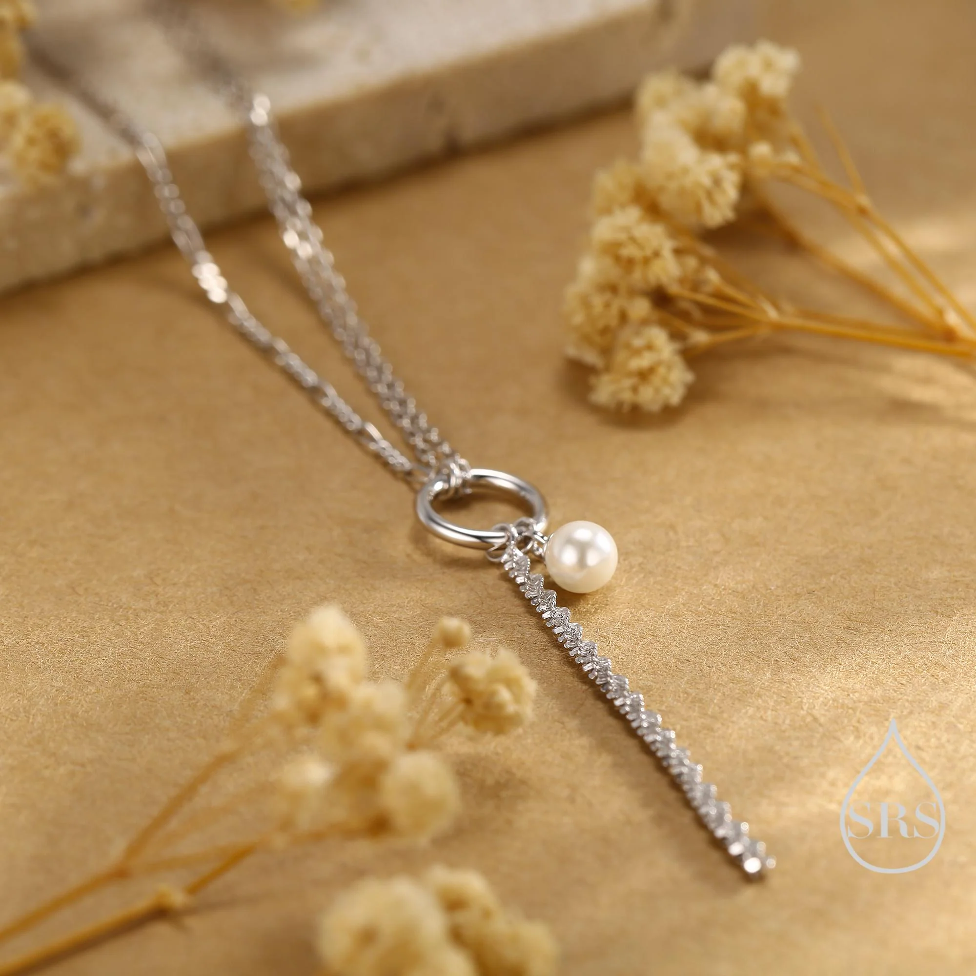 Pearl and Chain Choker Necklace in Sterling Silver, Geometric Design, Adjustable Length 16 inch to 18 inch, Pearl Necklace - Image 3