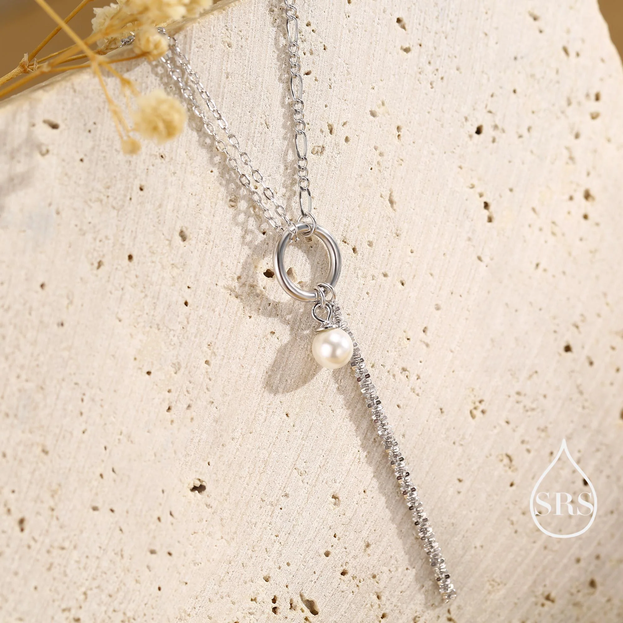 Pearl and Chain Choker Necklace in Sterling Silver, Geometric Design, Adjustable Length 16 inch to 18 inch, Pearl Necklace - Image 4