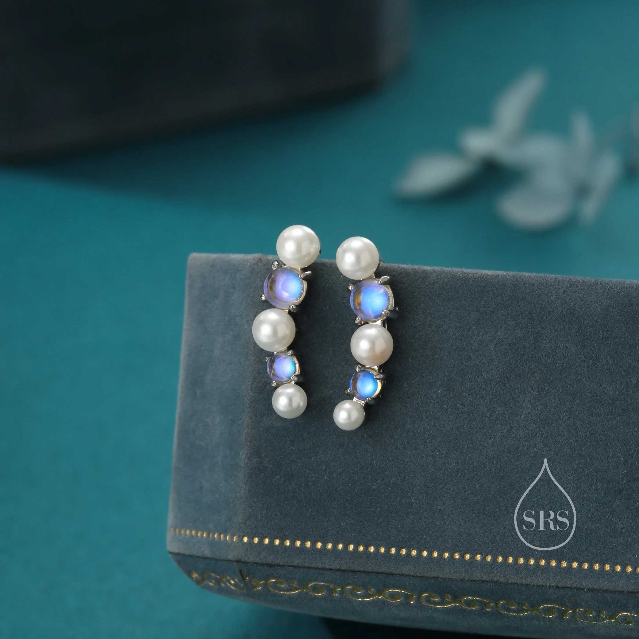 Pearl and Moonstone Crawler Earrings in Sterling Silver, Silver or Gold, Mother of Pearl Ear Crawlers, Simulated Moonstone Ear Climbers - Image 3