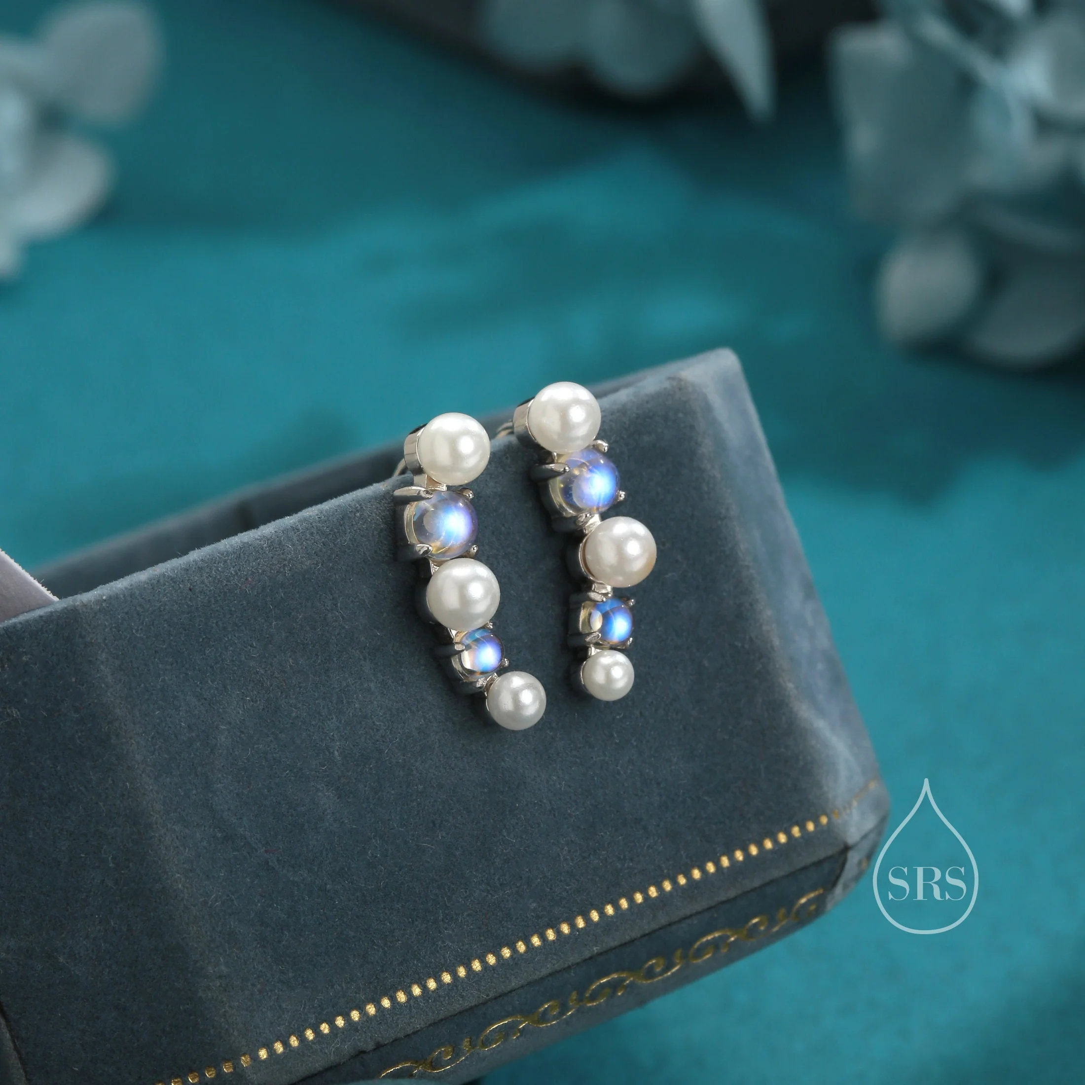 Pearl and Moonstone Crawler Earrings in Sterling Silver, Silver or Gold, Mother of Pearl Ear Crawlers, Simulated Moonstone Ear Climbers - Image 4