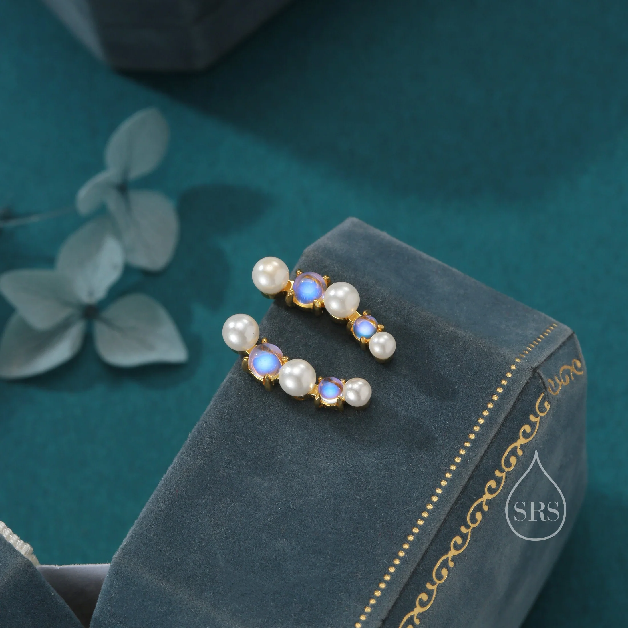 Pearl and Moonstone Crawler Earrings in Sterling Silver, Silver or Gold, Mother of Pearl Ear Crawlers, Simulated Moonstone Ear Climbers - Image 5