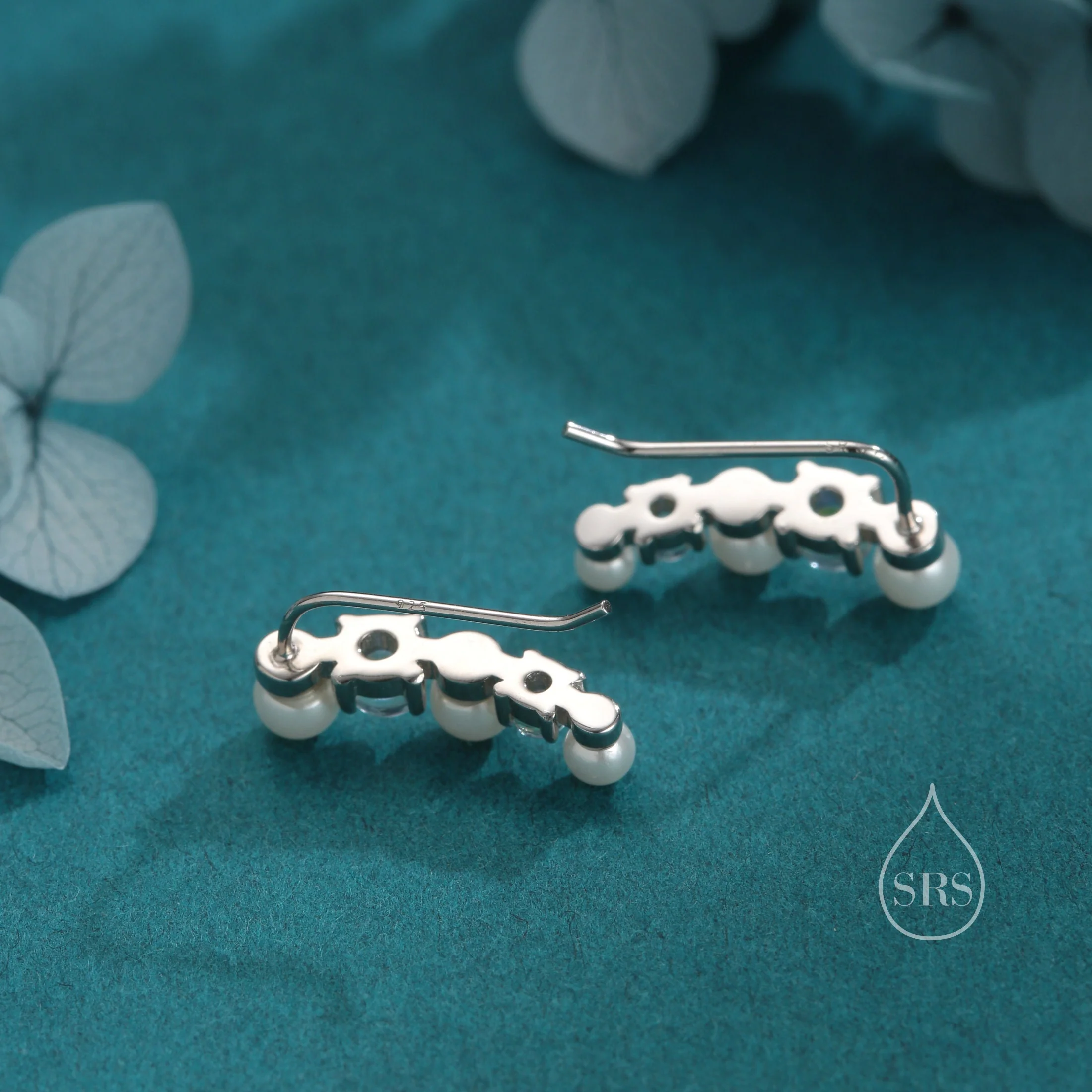 Pearl and Moonstone Crawler Earrings in Sterling Silver, Silver or Gold, Mother of Pearl Ear Crawlers, Simulated Moonstone Ear Climbers - Image 7