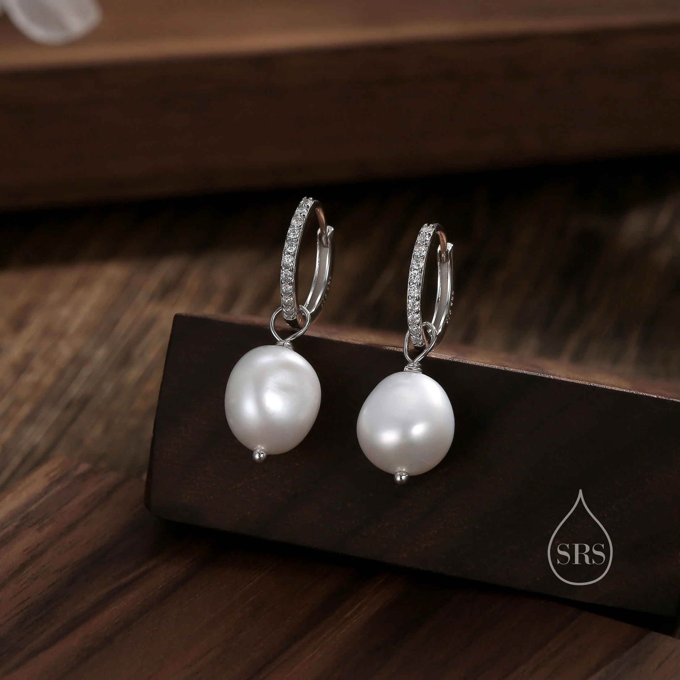 Pearl CZ Crystal Huggie Hoop Earrings in Sterling Silver, Detachable Pearl Charms, Silver or Gold, Genuine Freshwater Baroque Pearls - Image 3