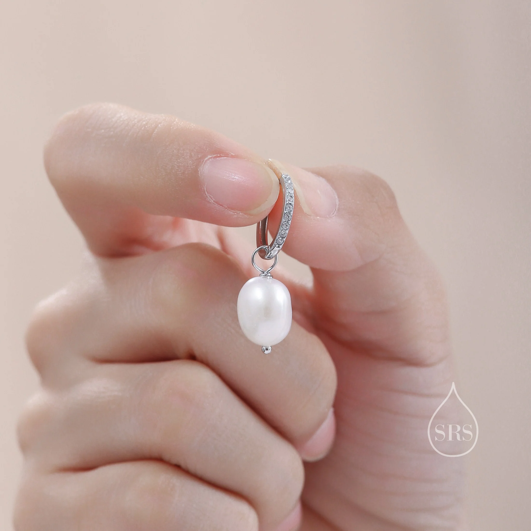 Pearl CZ Crystal Huggie Hoop Earrings in Sterling Silver, Detachable Pearl Charms, Silver or Gold, Genuine Freshwater Baroque Pearls - Image 4