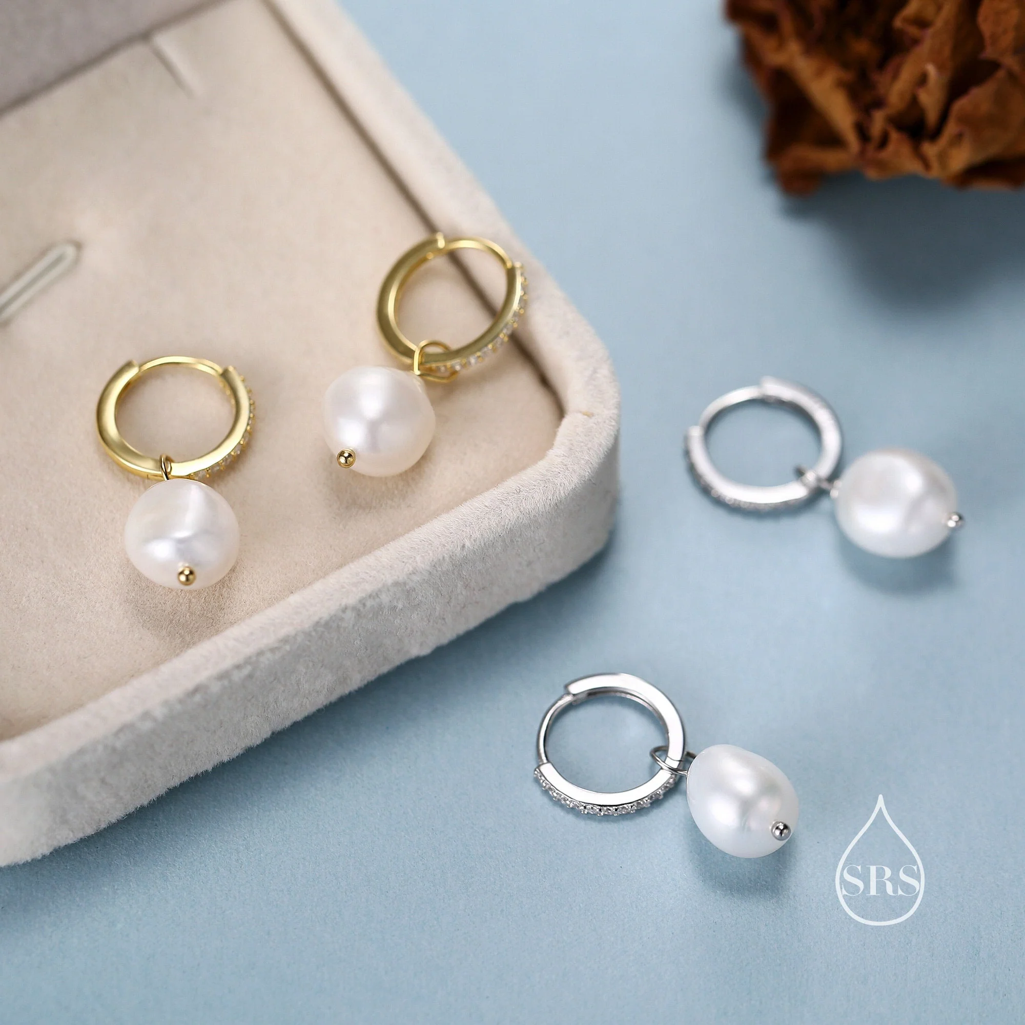Pearl CZ Crystal Huggie Hoop Earrings in Sterling Silver, Detachable Pearl Charms, Silver or Gold, Genuine Freshwater Baroque Pearls - Image 9