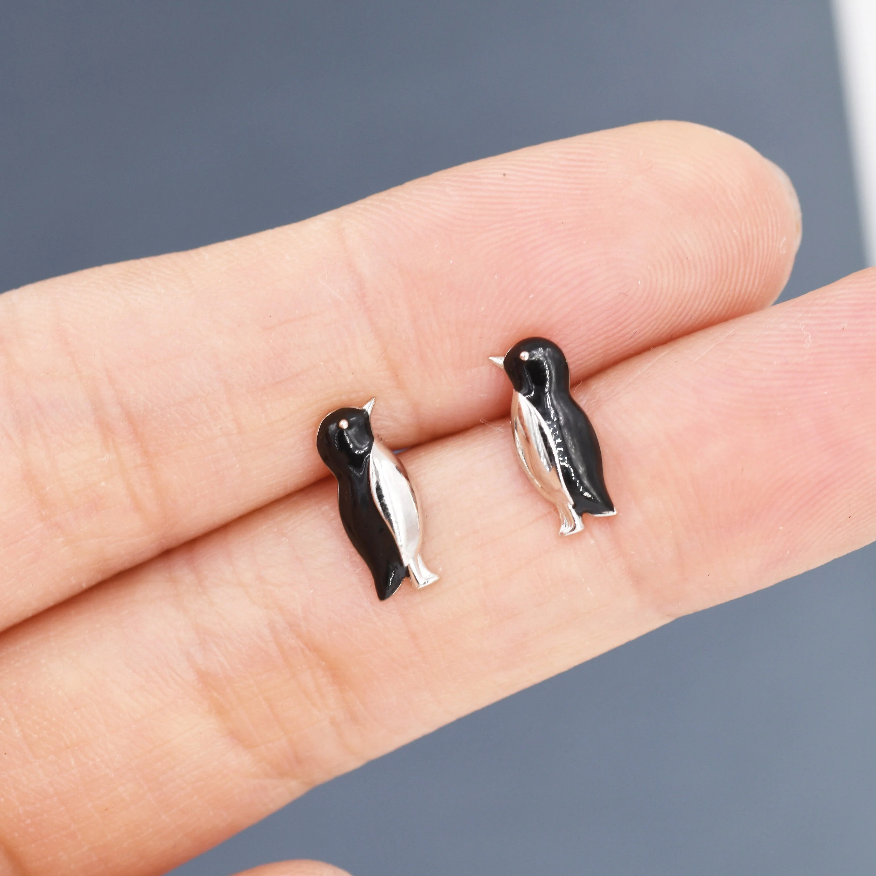 Penguin Stud Earrings in Sterling Silver, Hand Painted Enamel, Bird Earrings, Penguin Earrings, Animal Earrings, Nature Inspired - Image 2