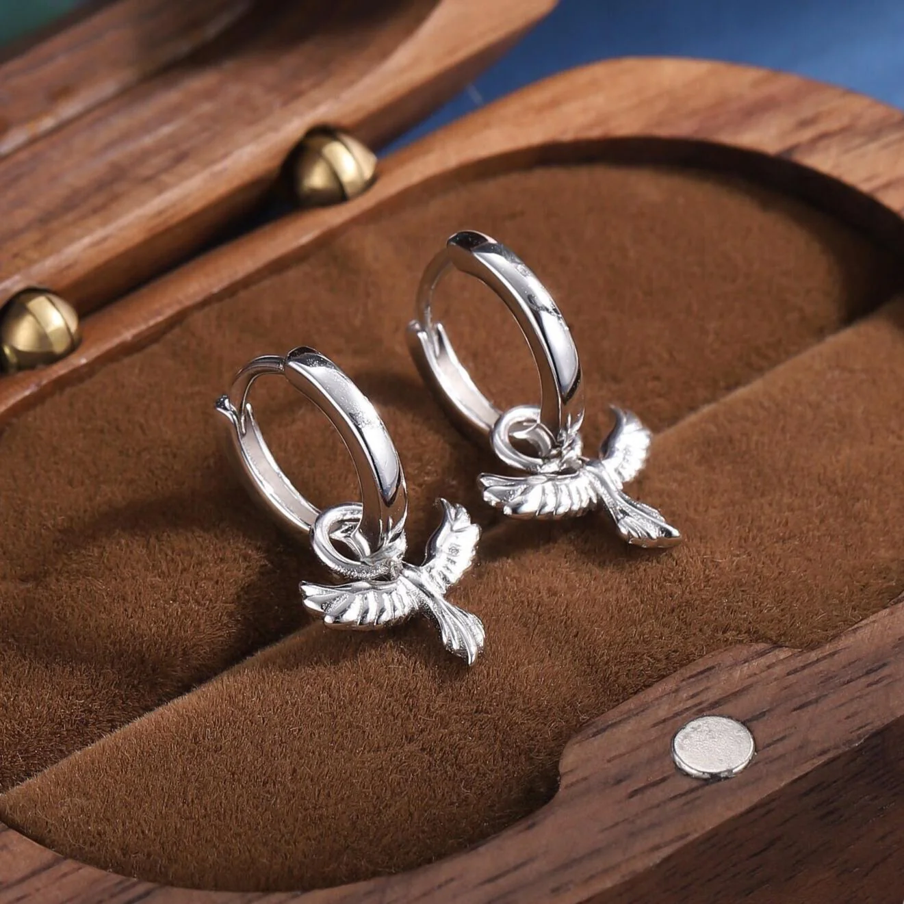 Phoenix Bird Charm Huggie Hoop Earrings in Sterling Silver, Silver, Gold or Rose Gold, Phoenix Earrings,   Detachable Charm Hoops