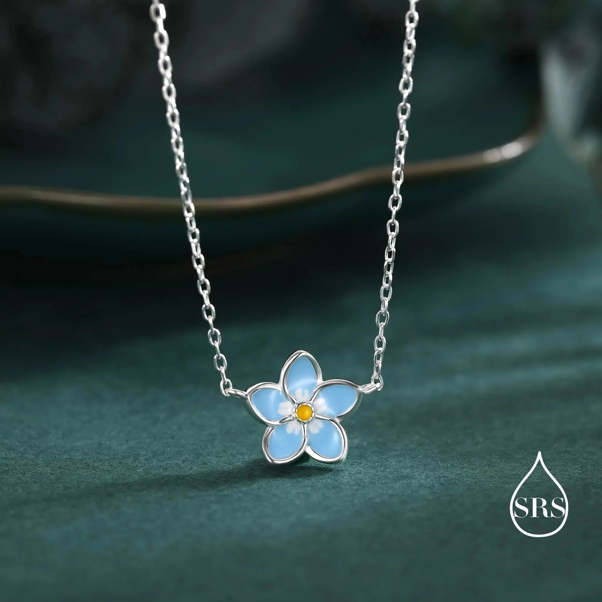 Forget-Me-Not Enamel Flower Jewellery Set in Sterling Silver — Rhodium-Coated Necklace, Earrings & Bracelet - Image 5