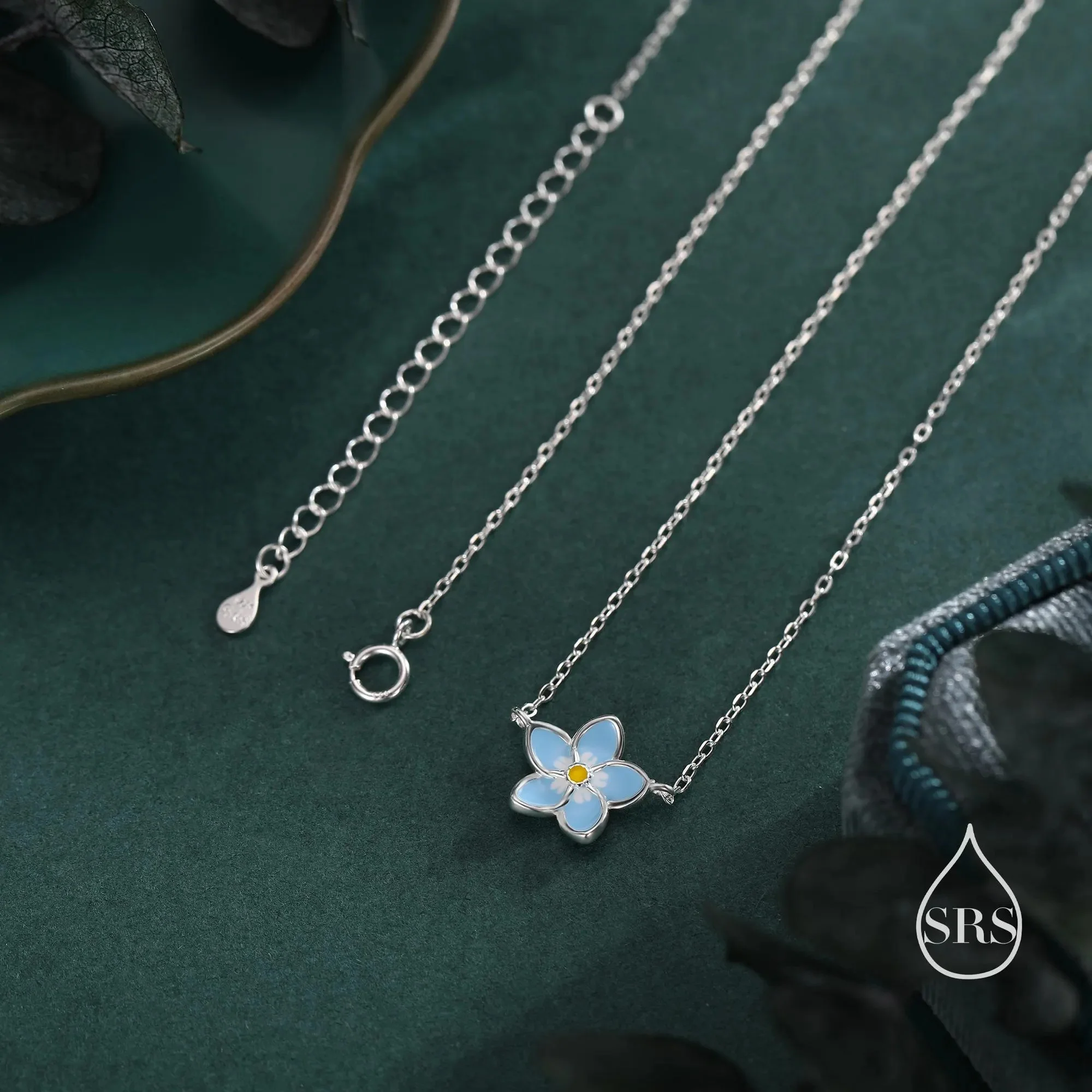 Forget-Me-Not Enamel Flower Jewellery Set in Sterling Silver — Rhodium-Coated Necklace, Earrings & Bracelet - Image 6