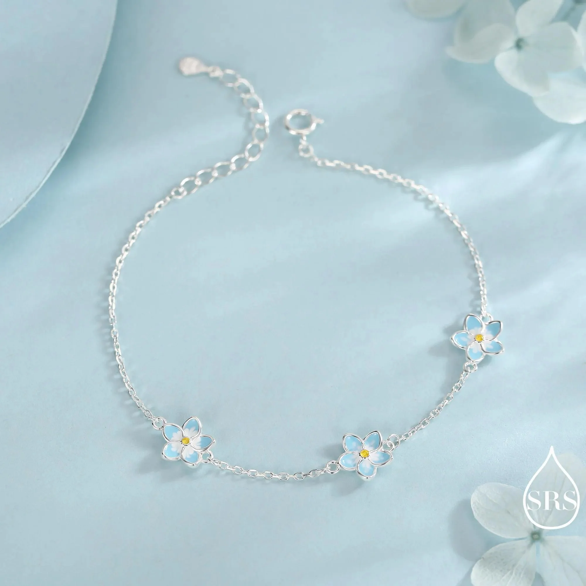 Forget-Me-Not Enamel Flower Jewellery Set in Sterling Silver — Rhodium-Coated Necklace, Earrings & Bracelet - Image 8