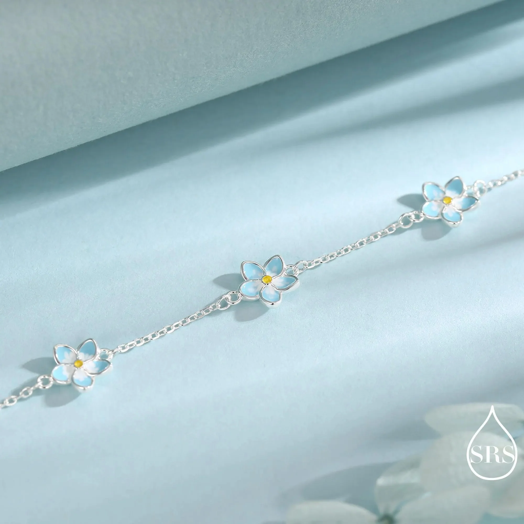 Forget-Me-Not Enamel Flower Jewellery Set in Sterling Silver — Rhodium-Coated Necklace, Earrings & Bracelet - Image 9