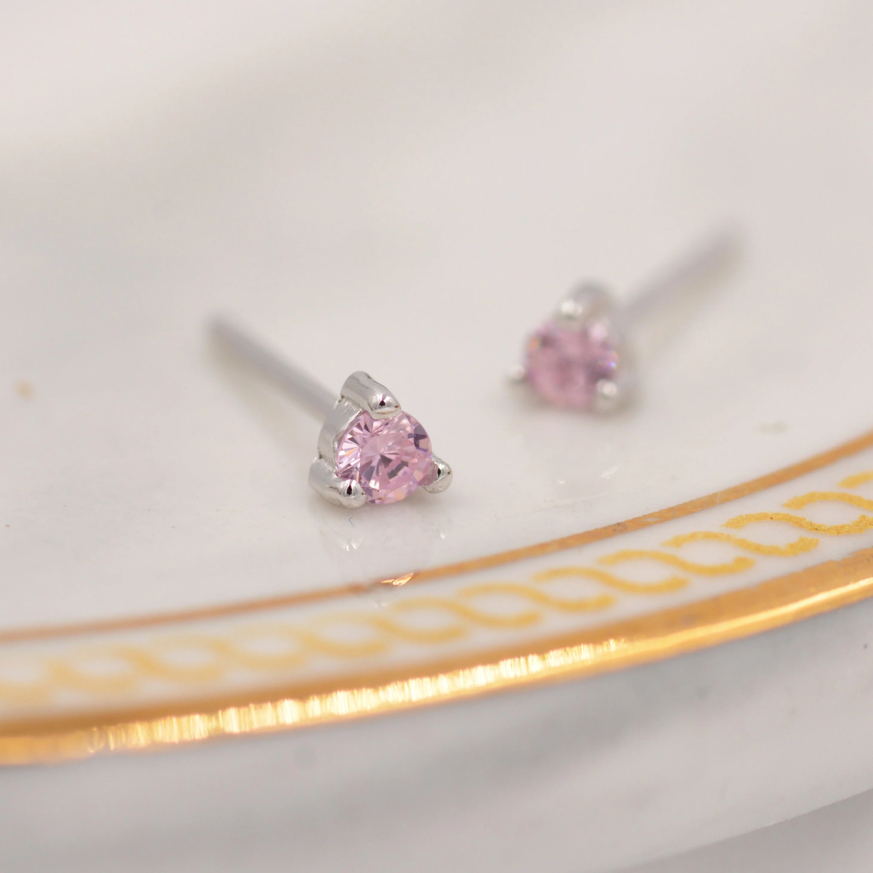 Pink Crystal Stud Earrings in Sterling Silver, 3mm Three Prong, Tiny Crystal Stud