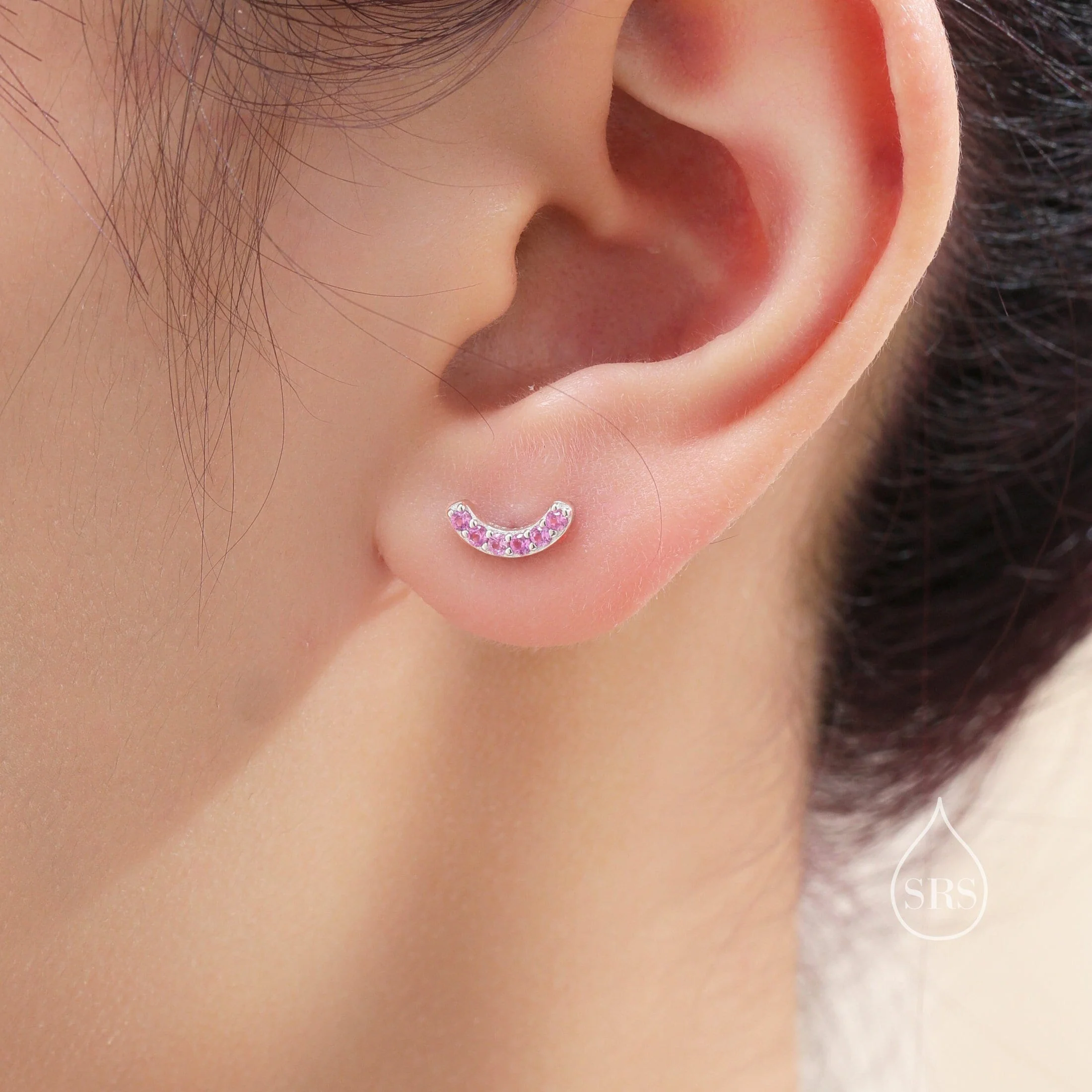 Pink CZ Curved Bar Tiny Stud Earrings in Sterling Silver, Silver or Gold, Tiny CZ Bar Stud, Geometric Bar Earrings