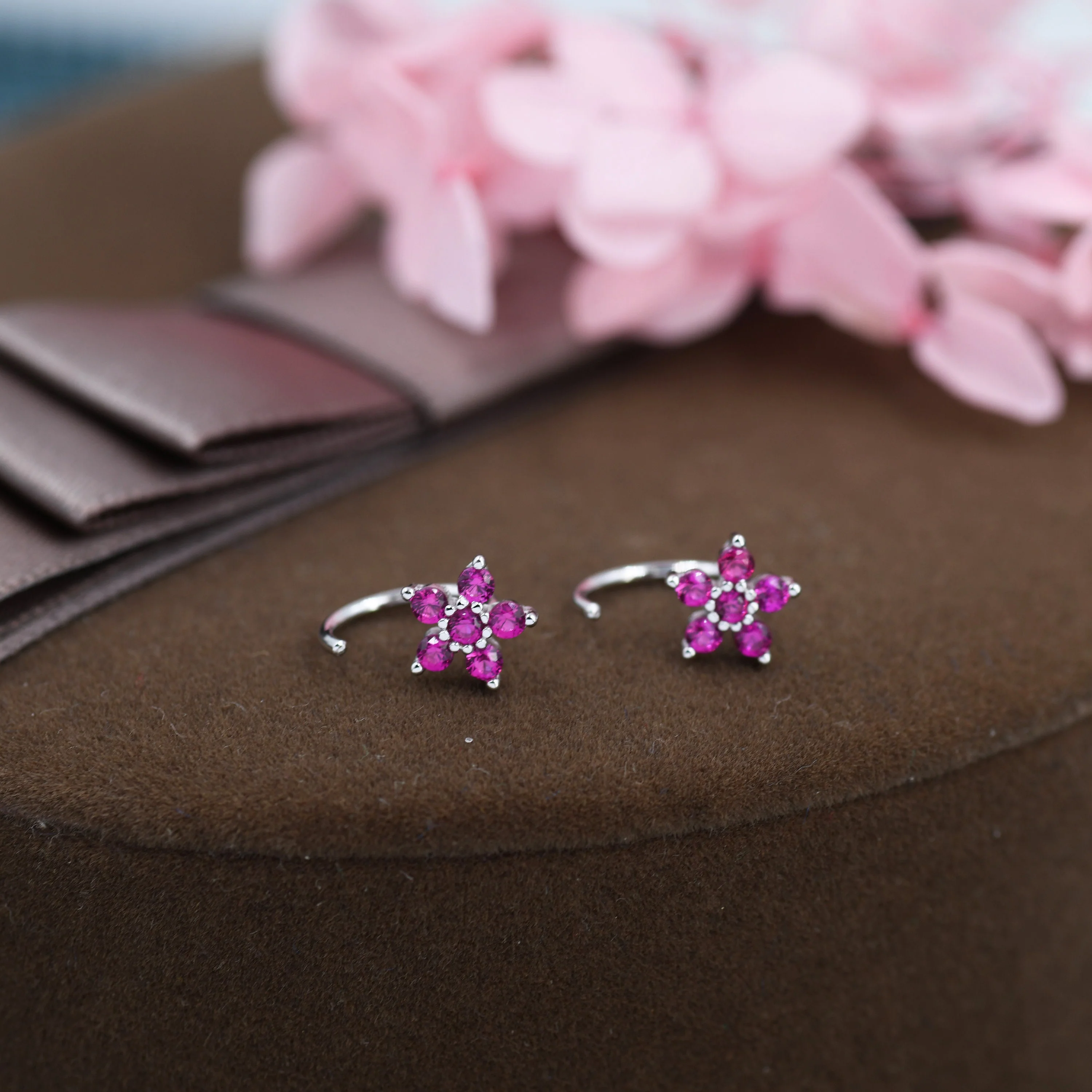 Pink CZ Flower Huggie Hoop Earrings in Sterling Silver, Gold or Silver, CZ Flower Threader Hoop Earrings, Pull Through, C Shape - Image 4