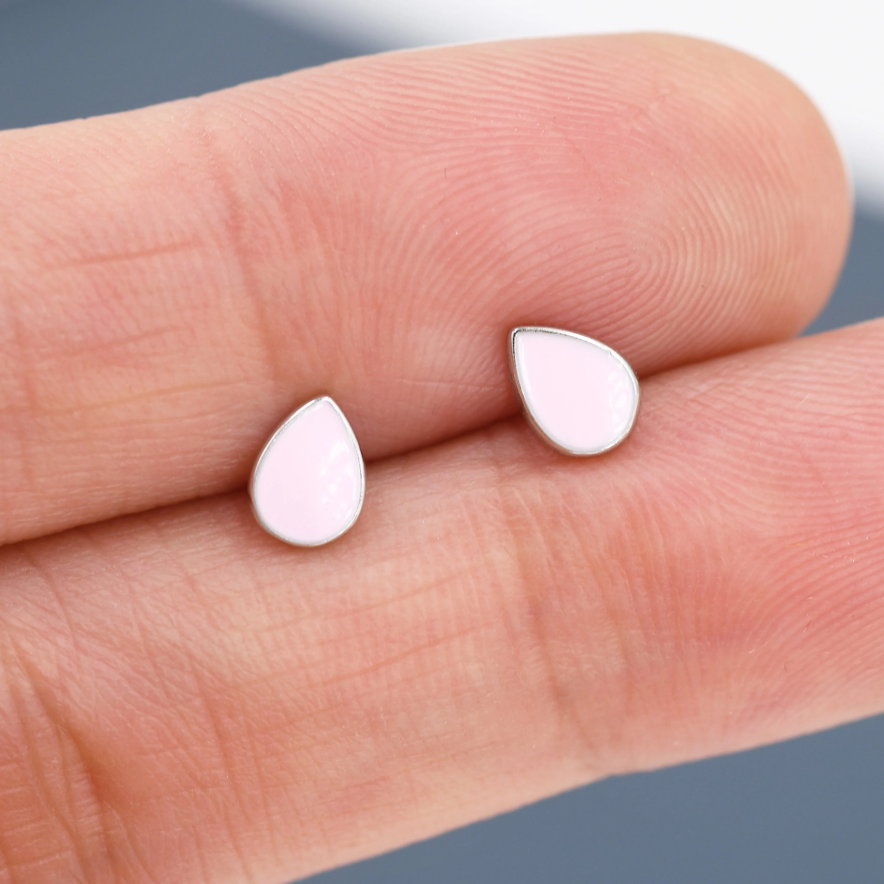 Pink Droplet Dot Stud Earrings in Sterling Silver with Hand Painted Enamel, Pastel Pink Stud, Enamel Droplet, Drop Shape - Image 4
