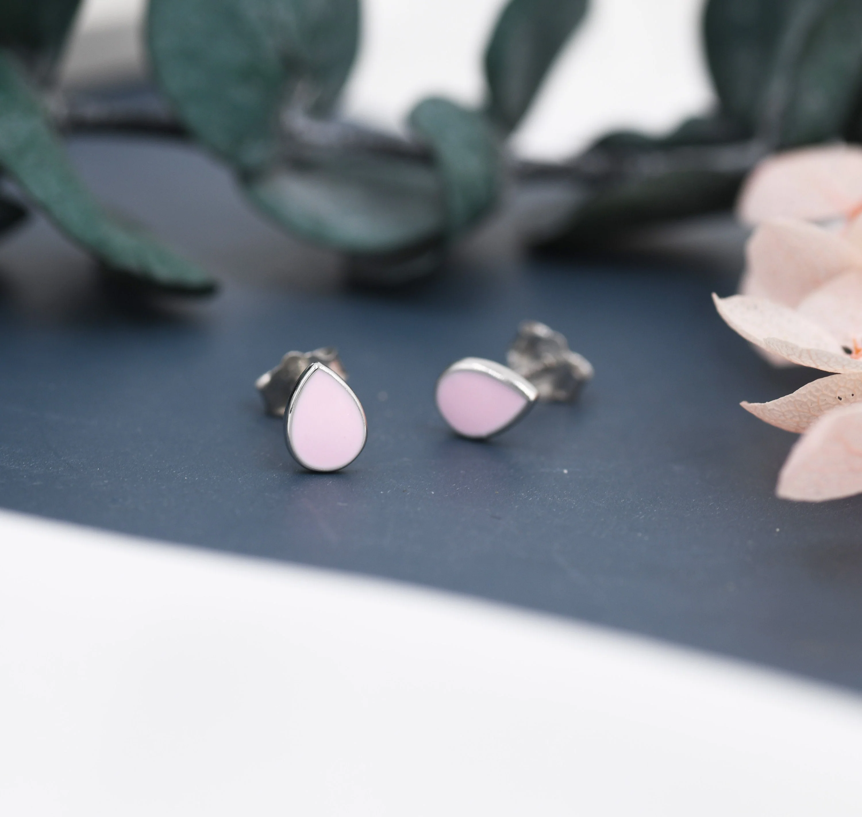 Pink Droplet Dot Stud Earrings in Sterling Silver with Hand Painted Enamel, Pastel Pink Stud, Enamel Droplet, Drop Shape - Image 5