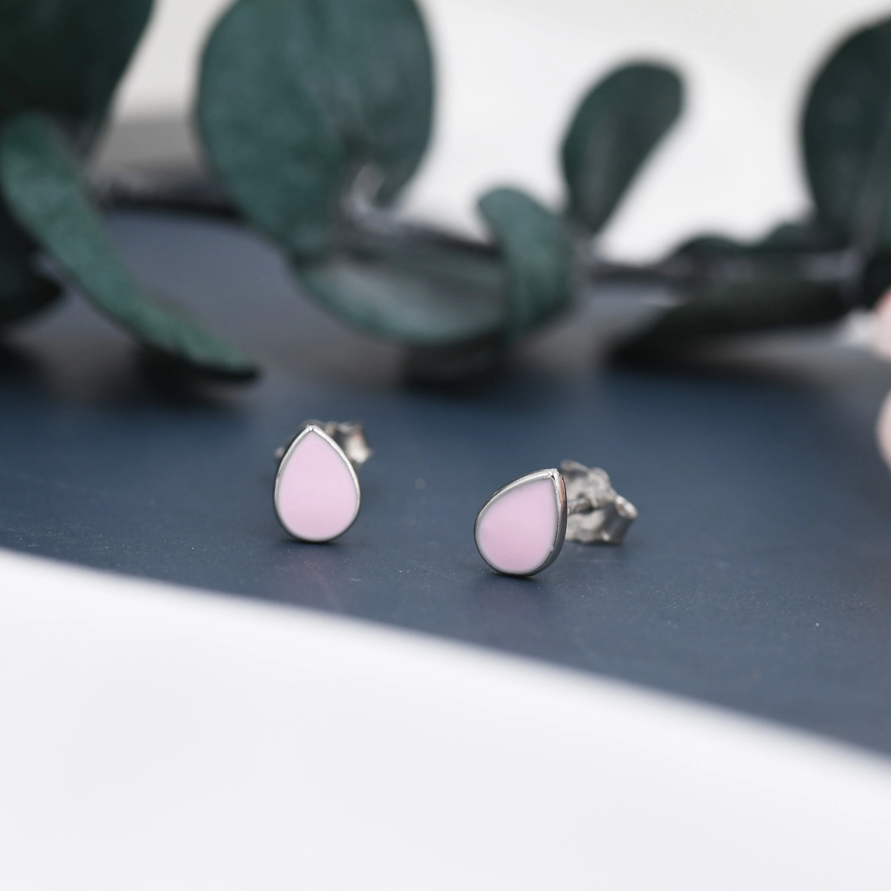 Pink Droplet Dot Stud Earrings in Sterling Silver with Hand Painted Enamel, Pastel Pink Stud, Enamel Droplet, Drop Shape - Image 6