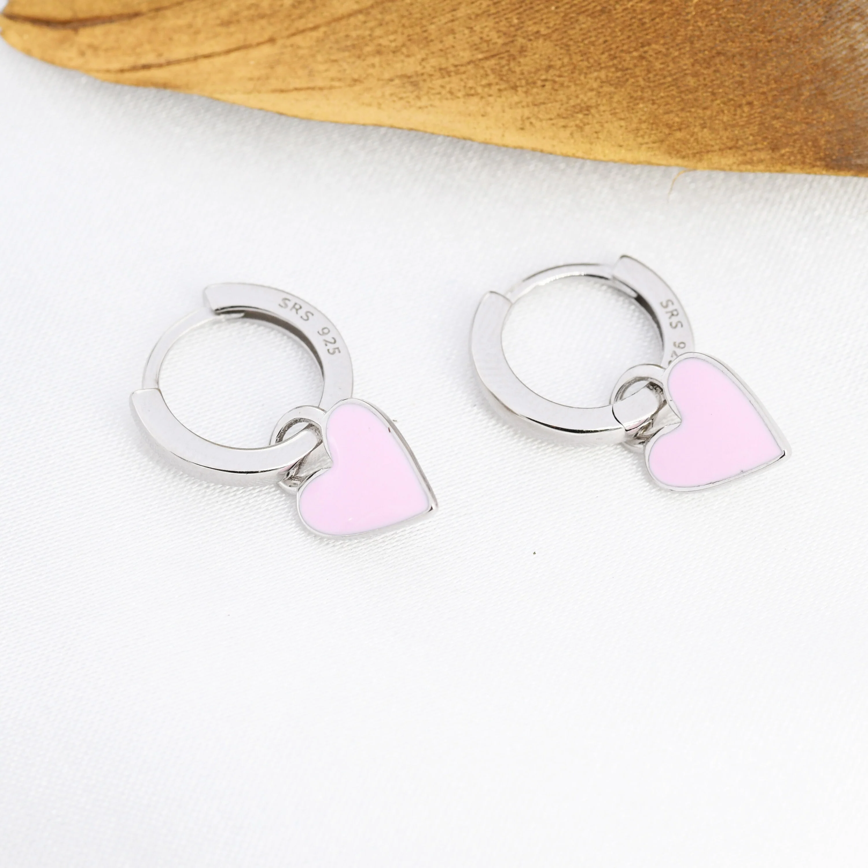 Pink Enamel Heart Earrings in Sterling Silver, Detachable Heart Charm Dangle Hoop Earrings, Interchangeable - Image 2